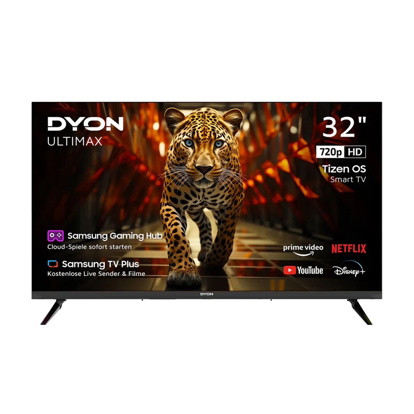 Ein Dyon Ultimax 32H-TI-W Smart TV (32 Zoll, 80 cm) zeigt einen Leoparden auf dem Bildschirm, wobei die Logos und Funktionen der Streaming-Dienste am linken und unteren Rand angezeigt werden.