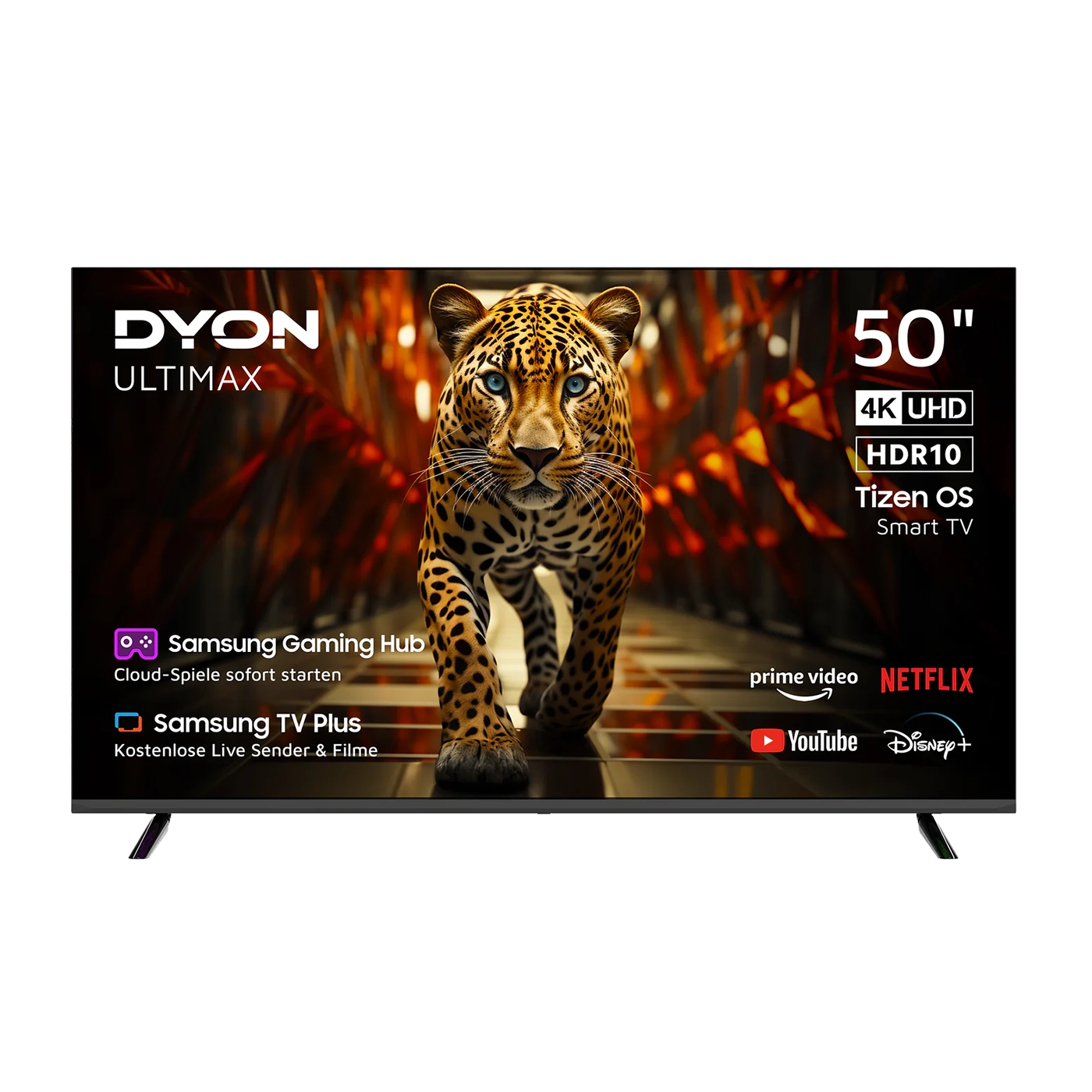 Ein Dyon Ultimax 50U-TI Smart TV (50", 126 cm) zeigt ein Jaguar-Bild mit App-Symbolen für Netflix, YouTube, Disney+ und Prime Video sowie Funktionsdetails auf dem Bildschirm.