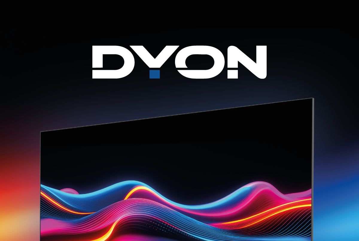 Teilansicht eines Flachbildschirms mit farbenfrohen Wellengrafiken, darunter das fette weiße DYON-Logo auf dunklem Hintergrund.