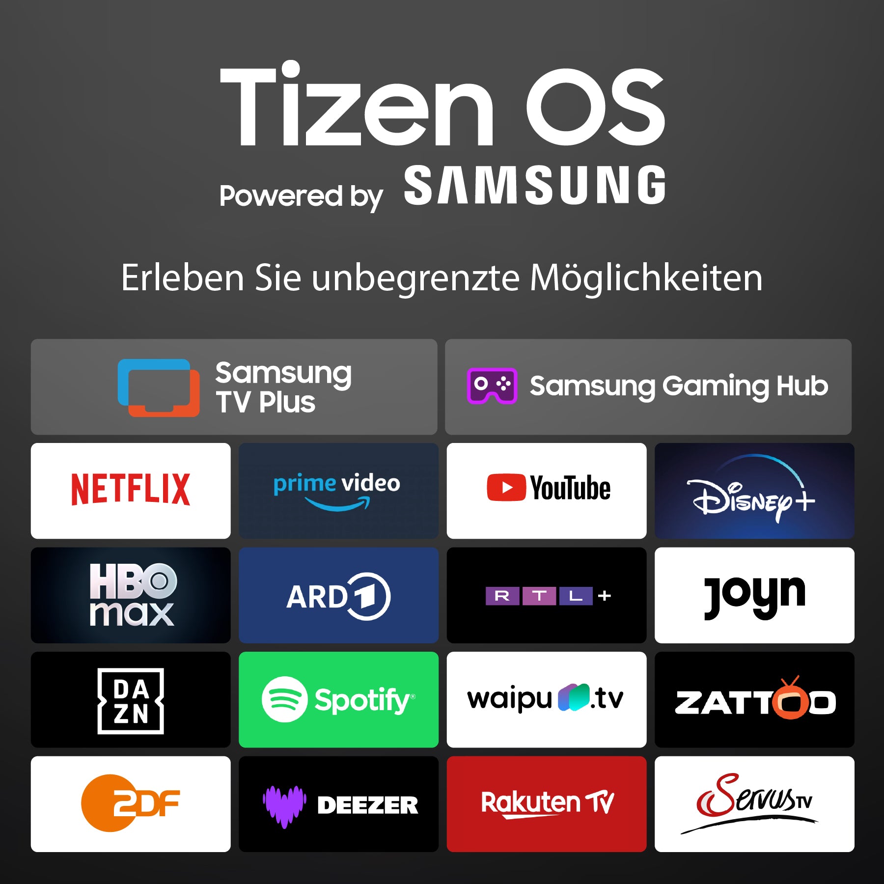Auf dem DYON Ultimax 32H-TI-WS (32 Zoll, 80 cm) wird unter "Tizen OS Powered by Samsung" ein Raster mit Logos von Streaming-Diensten angezeigt, wobei der deutsche Text die unbegrenzten Unterhaltungs- und App-Möglichkeiten hervorhebt.