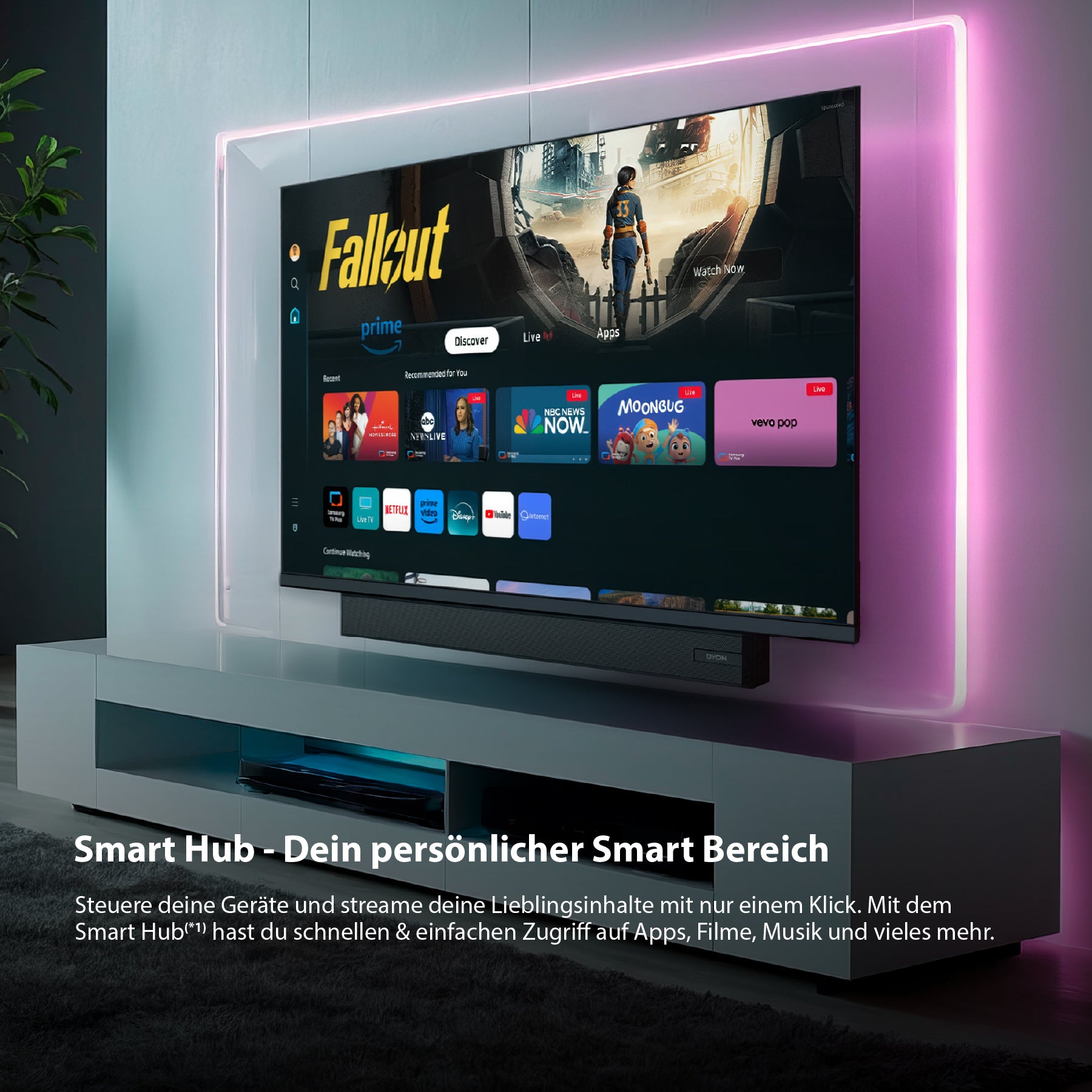Der DYON Ultimax 32H-TI-WS (32 Zoll, 80 cm) zeigt auf seinem neonbeleuchteten Bildschirm einen Smart-Hub mit Apps, Streaming und einem Fallout-Banner am oberen Rand. Unter dem Fernseher erscheint ein deutscher Text.