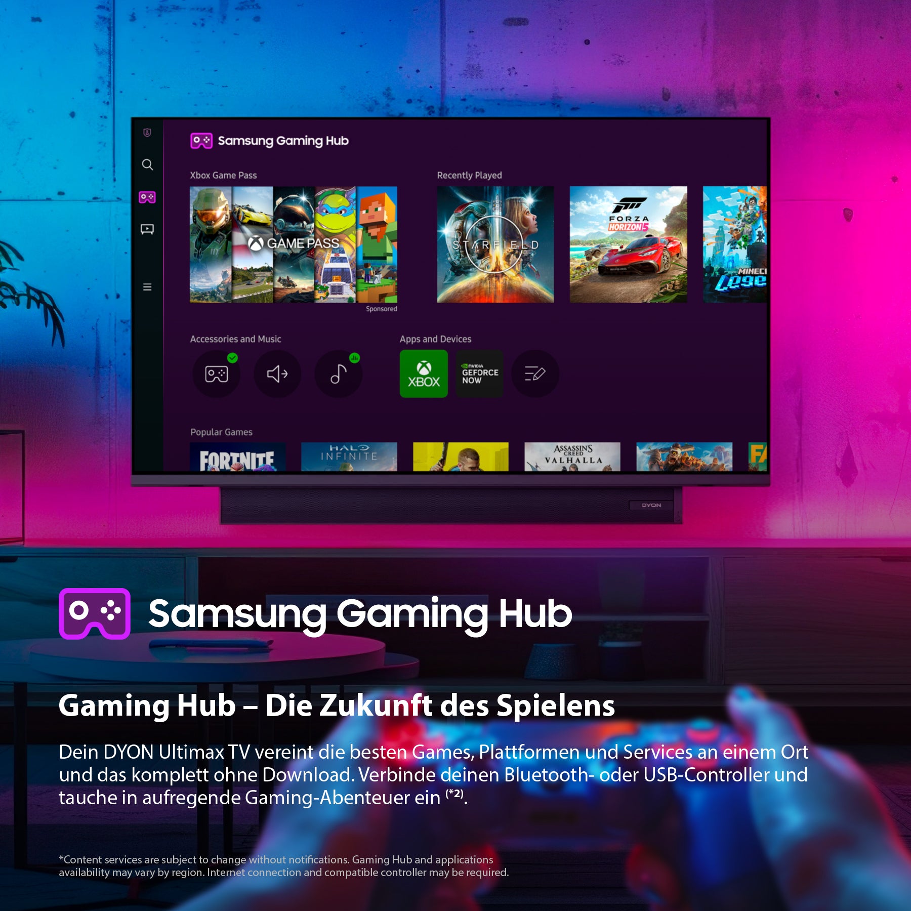 Ein Fernsehbildschirm zeigt den DYON Ultimax 32H-TI-WS (32 Zoll, 80 cm) mit der Samsung Gaming Hub-Oberfläche und verschiedenen Spielsymbolen; darunter erscheint ein deutscher Text über die Funktionen, alles vor einem bunten Hintergrund.