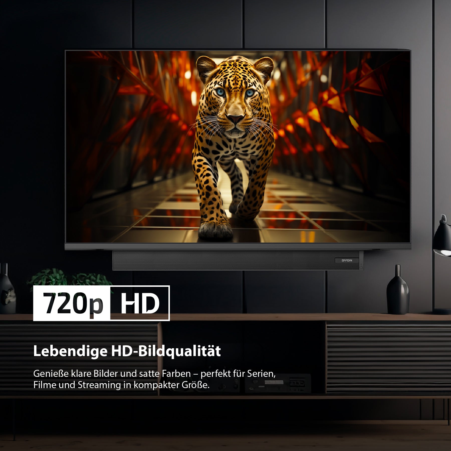 Ein DYON Ultimax 32H-TI-WS (32 Zoll, 80 cm) TV zeigt ein lebendiges Leopardenbild in 720p HD, mit deutschem Text darunter, der die brillante HD-Bildqualität hervorhebt.
