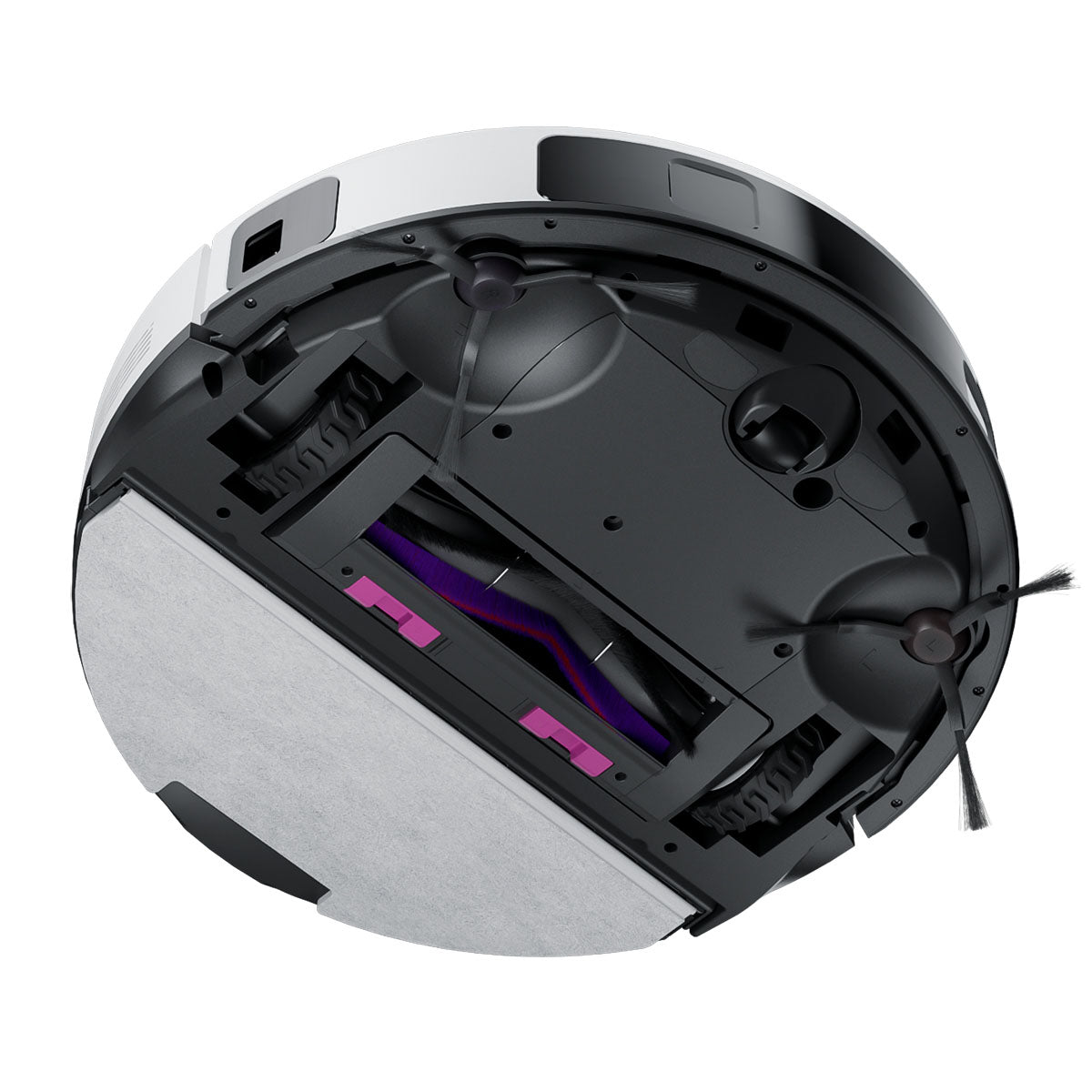 Unteransicht des Eureka E20 PLUS weiß 2-in-1 Saug/Wischroboter mit Zyklon-Absaugstation, die die Bürsten, Räder und Reinigungspads für starke 8000 Pa Saugleistung zeigt.
