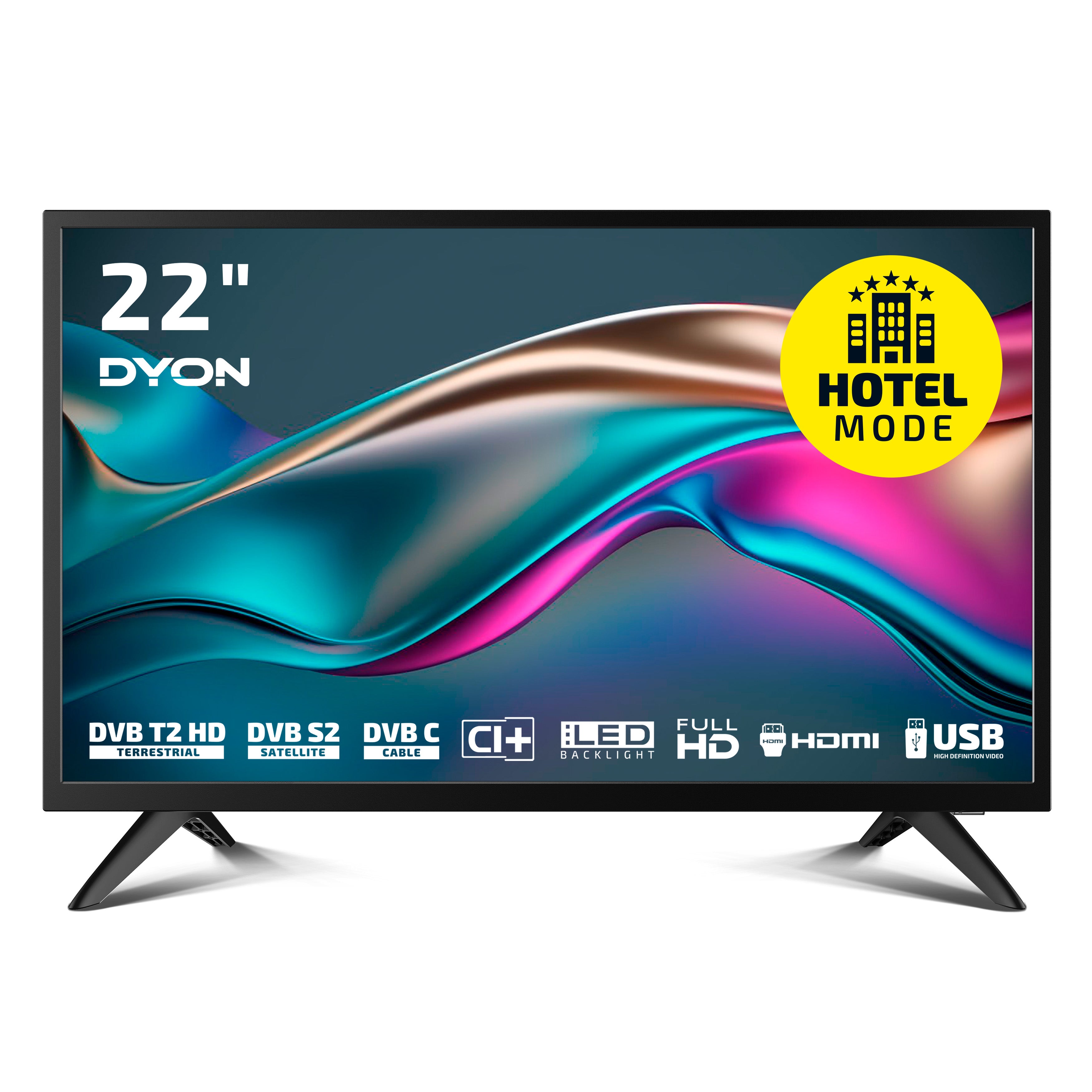 Ein Dyon Enter 22 Pro X2 Standard-Fernseher (22", 55 cm) zeigt den HOTEL-MODUS an, mit Symbolen für DVB, CI+, HDMI, USB und Full HD-Funktionen.