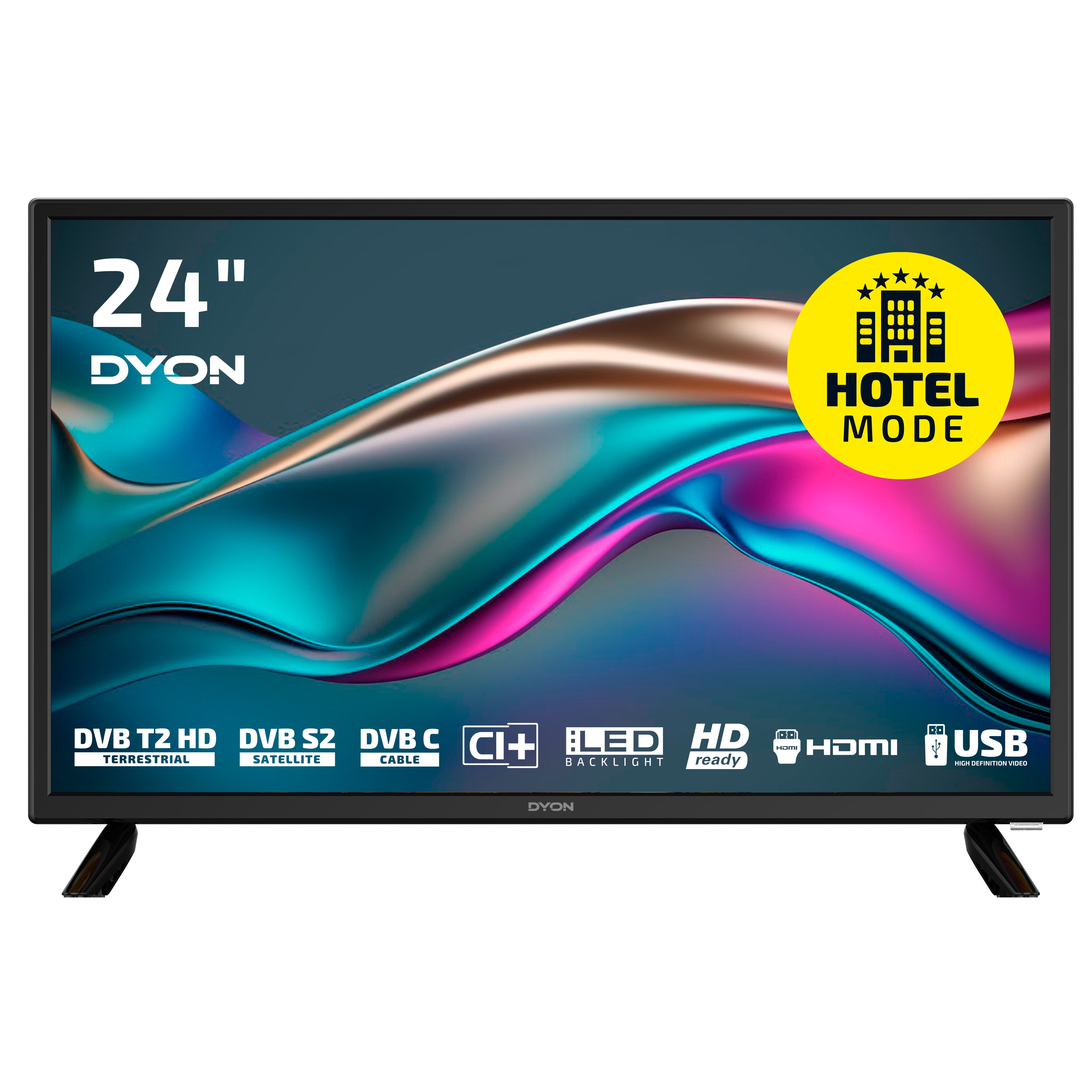 Ein Dyon Enter 24 Pro X2 Standard-Fernseher (24 Zoll) zeigt Funktionssymbole für DVB, CI+, HDMI, USB und einen gelben Hotelmodus-Badge auf dem Bildschirm an.