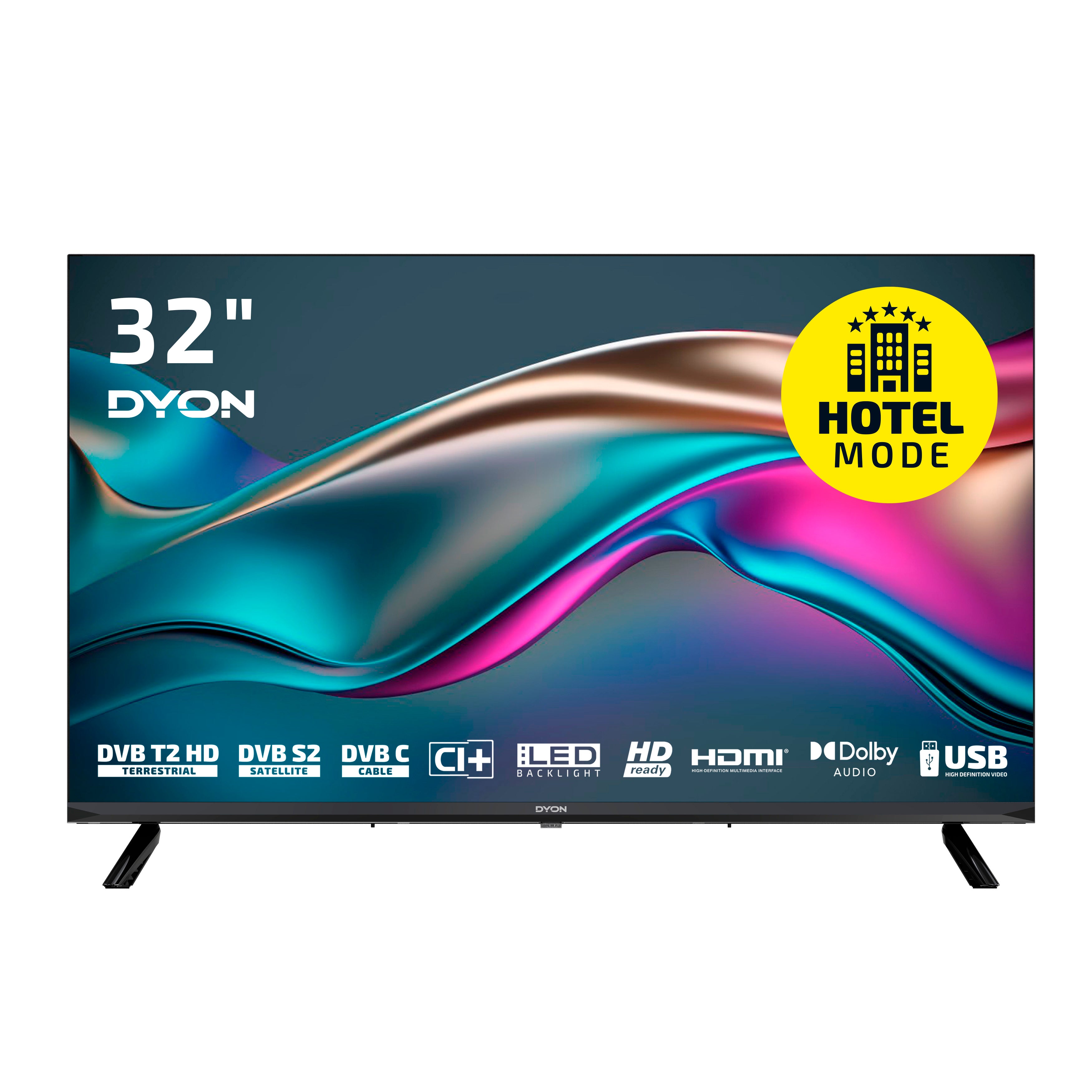 Der Dyon Enter 32 Pro X2 Standard-Fernseher (32 Zoll, 80 cm) verfügt über einen HD-Triple-Tuner für DVB T2 HD, Satellit und Kabel sowie HDMI, USB, Dolby Audio-Unterstützung und ein gelbes Hotelmodus-Label auf dem Bildschirm.