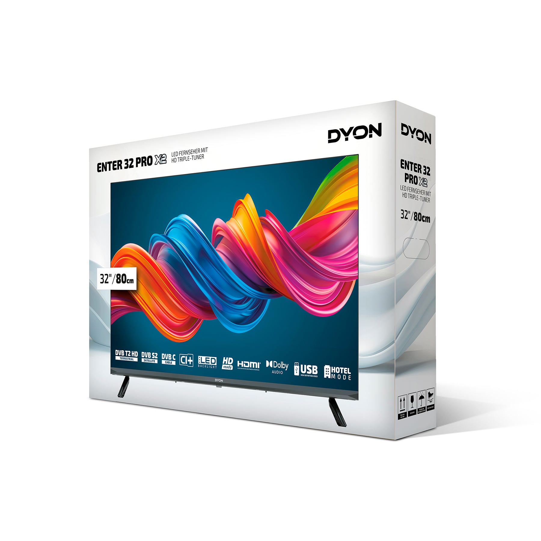 Gezeigt wird ein verpackter Dyon Enter 32 Pro X2 Standard-Fernseher (32 Zoll, 80 cm) mit HD, HD Triple Tuner, HDMI, USB, DVB-T2/C/S2 und Hotelmodus, wie auf der Verpackung hervorgehoben.