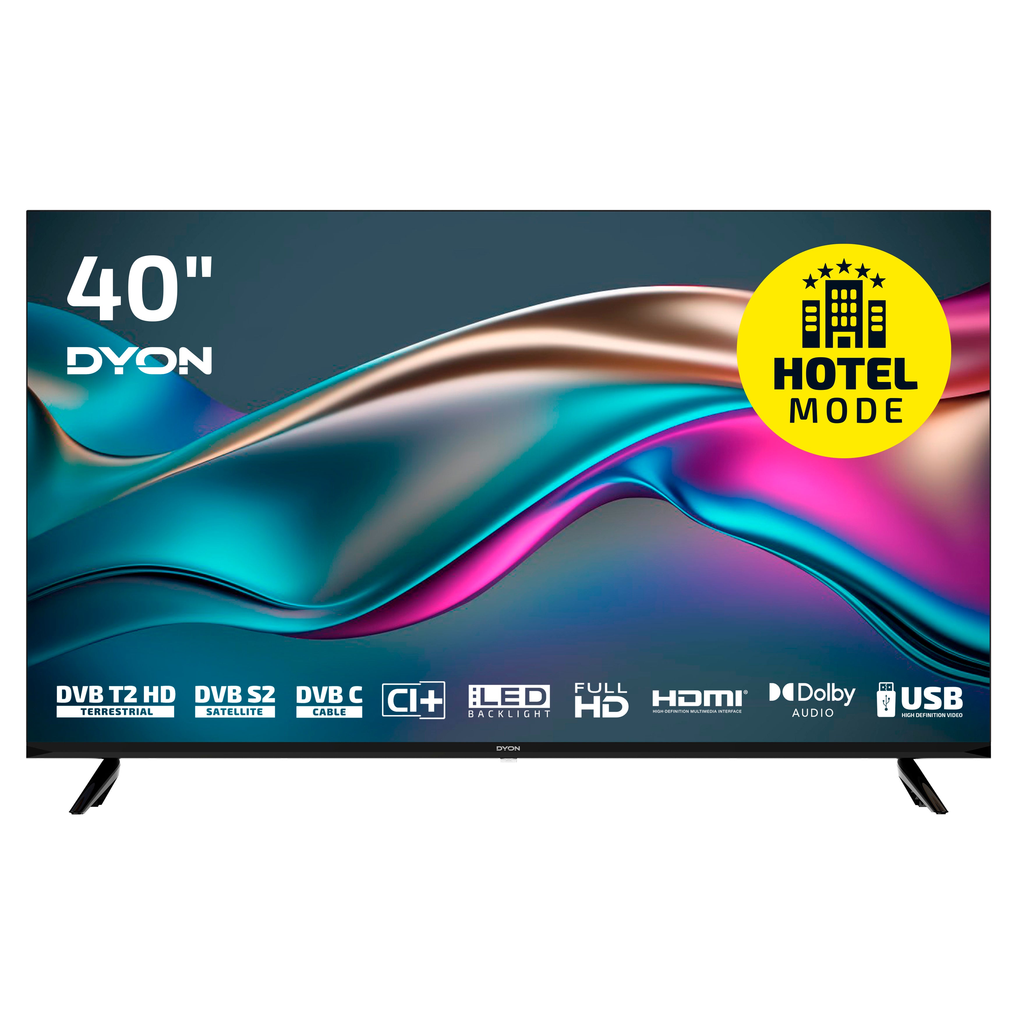Der Dyon Enter 40 PRO X2 Standard-Fernseher (40 Zoll, 100 cm) bietet Full HD, HDMI, USB, Dolby Audio, HD Triple Tuner (DVB-T2 HD/S2/C) und zeigt ein gelbes Hotelmodus-Label auf dem Bildschirm an.