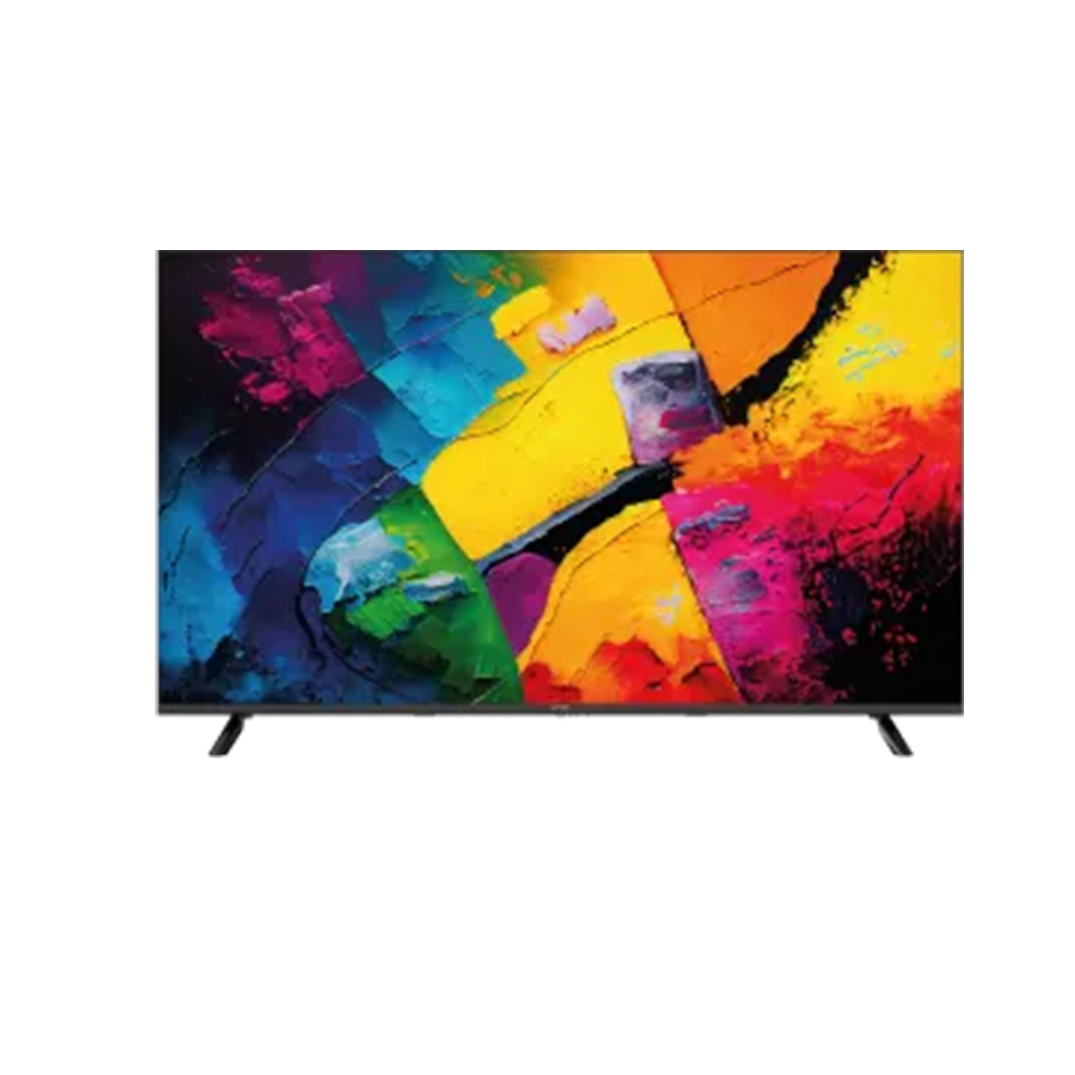 Flachbildfernseher, der ein farbenfrohes abstraktes Bild mit leuchtenden Blau-, Gelb-, Rot-, Lila- und Schwarztönen zeigt.