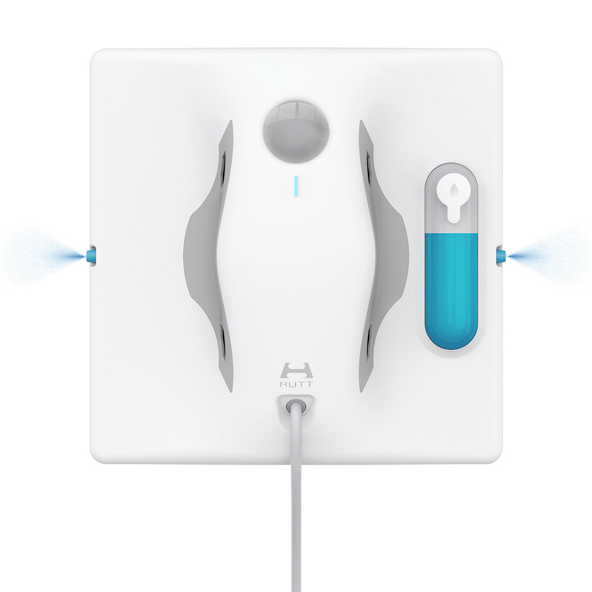 Der HUTT W8 Fensterputzroboter besticht durch sein weißes, quadratisches Design und blauen Wassertank. Dank dualem Sprühsystem versprüht er feinen Nebel von beiden Seiten, während das Stromkabel unten herausgeführt wird.
