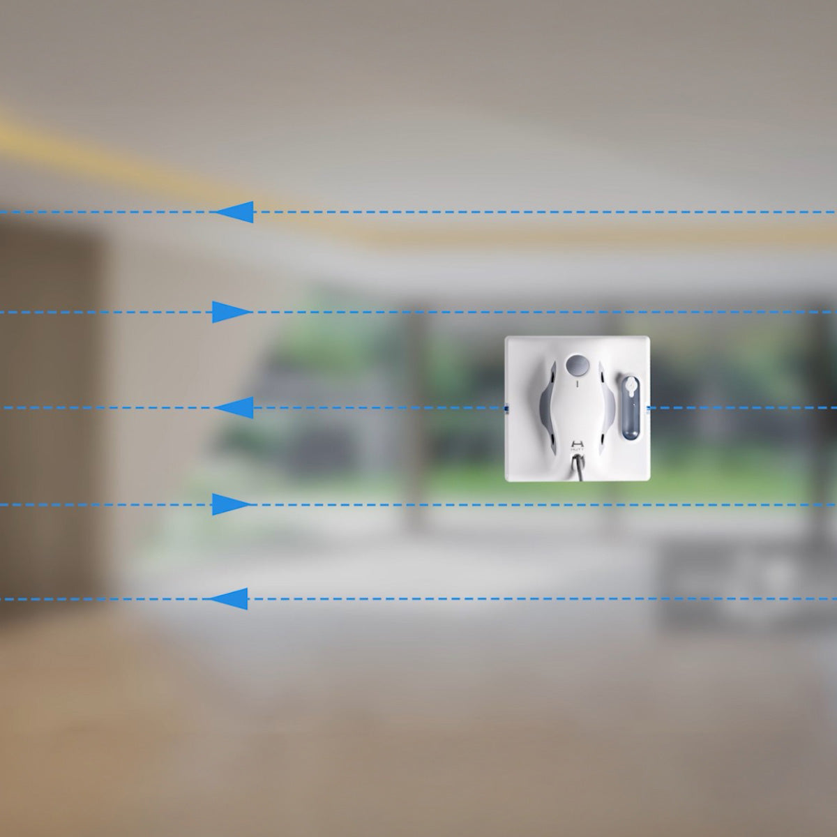 Der HUTT W8 Fensterputzroboter ist am Fenster angebracht, blaue gestrichelte Pfeile aus verschiedenen Richtungen verdeutlichen die vielseitigen Einsatzmöglichkeiten des intelligenten Reinigungsgeräts.