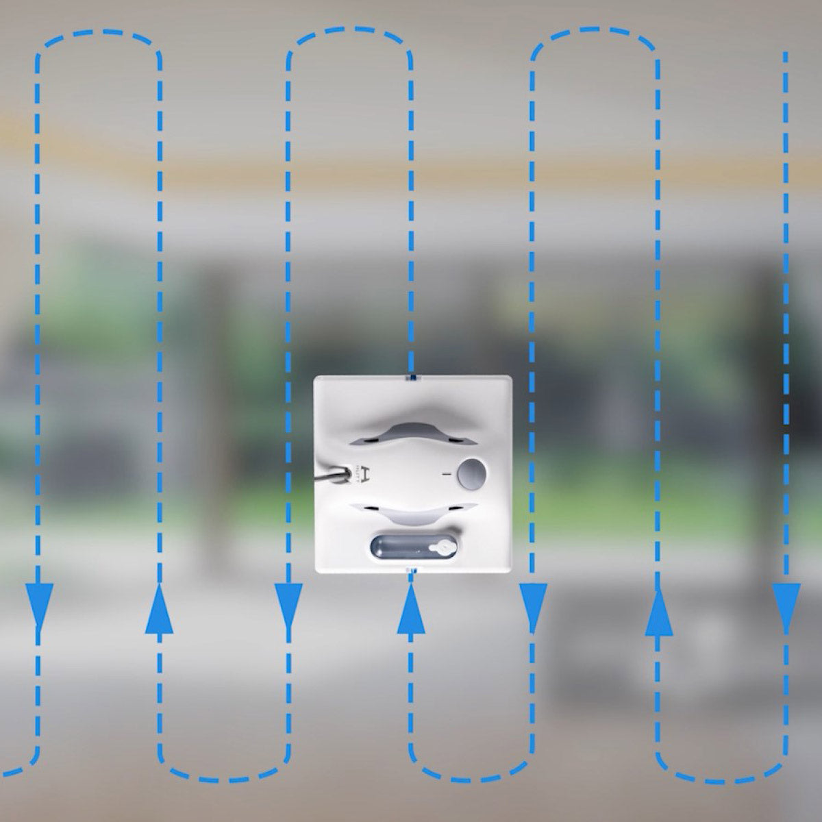 Ein weißer Luftauslass an einer Wand mit blau gestrichelten Pfeilen, die einen präzisen Luftstrom nach unten zeigen, wie die Genauigkeit des doppelten Sprühsystems des HUTT W8 Fensterputzroboters, vor einem verschwommenen Hintergrund.
