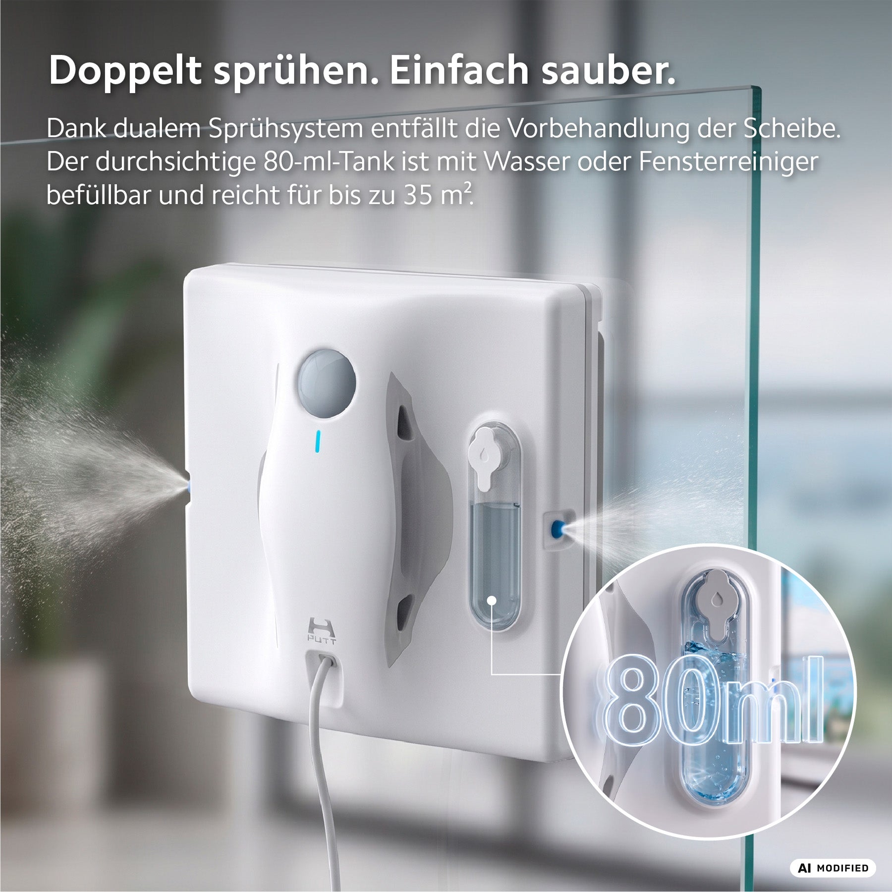 Der HUTT W8 Fensterputzroboter ist ein automatisches Fensterreinigungsgerät, das Wasser auf die Scheibe sprüht und über einen nachfüllbaren 80-ml-Tank sowie ein duales Sprühsystem verfügt. Der deutsche Text erläutert das intelligente Fensterputzen und die innovativen Funktionen des HUTT W8 Fensterputzroboters.