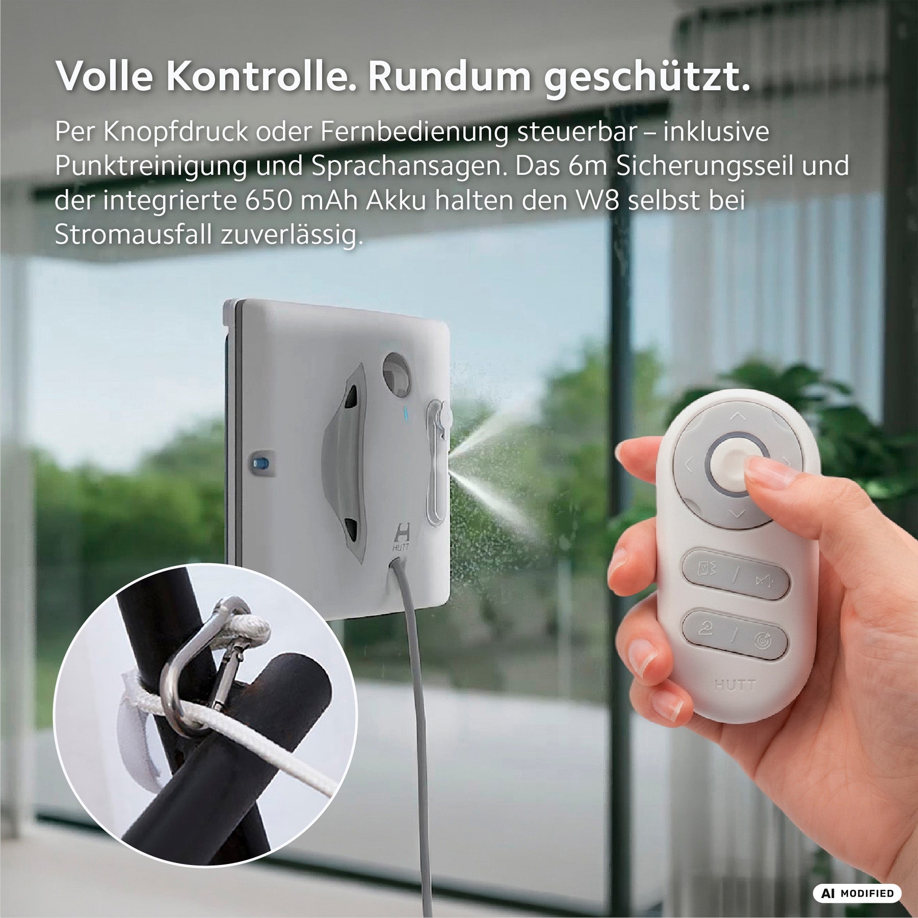 Ein HUTT W8 Fensterputzroboter der Marke HUTT ist an einer Glasscheibe im Einsatz und mit einer Sicherheitsleine befestigt, während eine Person in der Nähe eine weiße Fernbedienung in der Hand hält. Der deutsche Text hebt Funktionen wie „intelligentes Fensterputzen“ und ein „duales Sprühsystem“ für eine effiziente Reinigung hervor.
