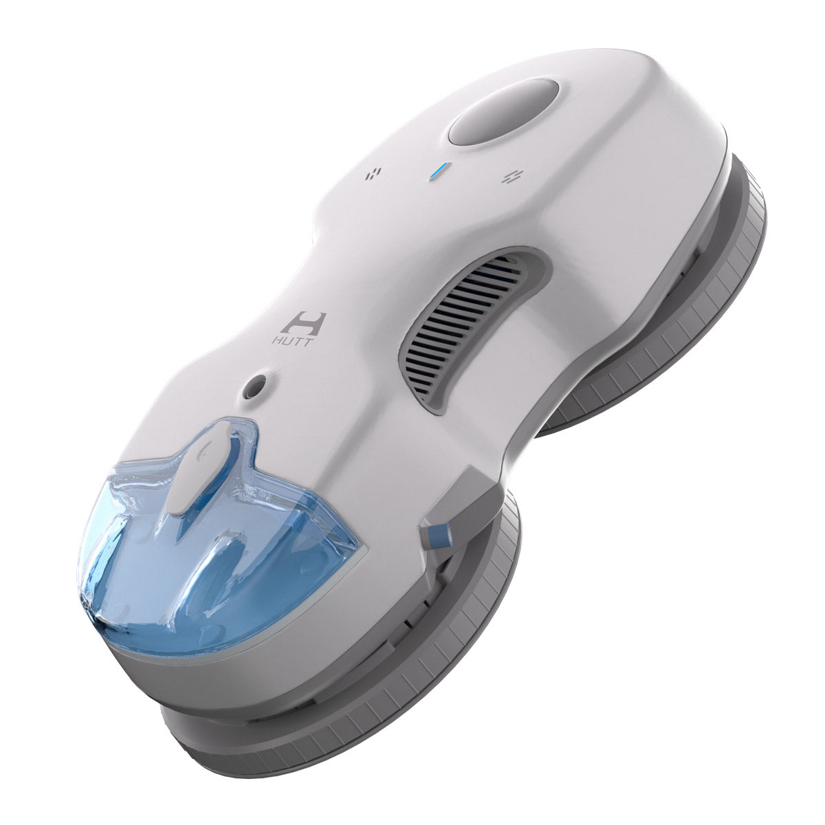 Der HUTT C7 Fensterputzroboter ist ein weißer, ovaler Fensterputzroboter mit Hochleistungs-Saugmotor, zwei Reinigungspads, blau eingefärbtem Wassertank und intelligenter Frequenzsteuerung für effiziente Reinigung.