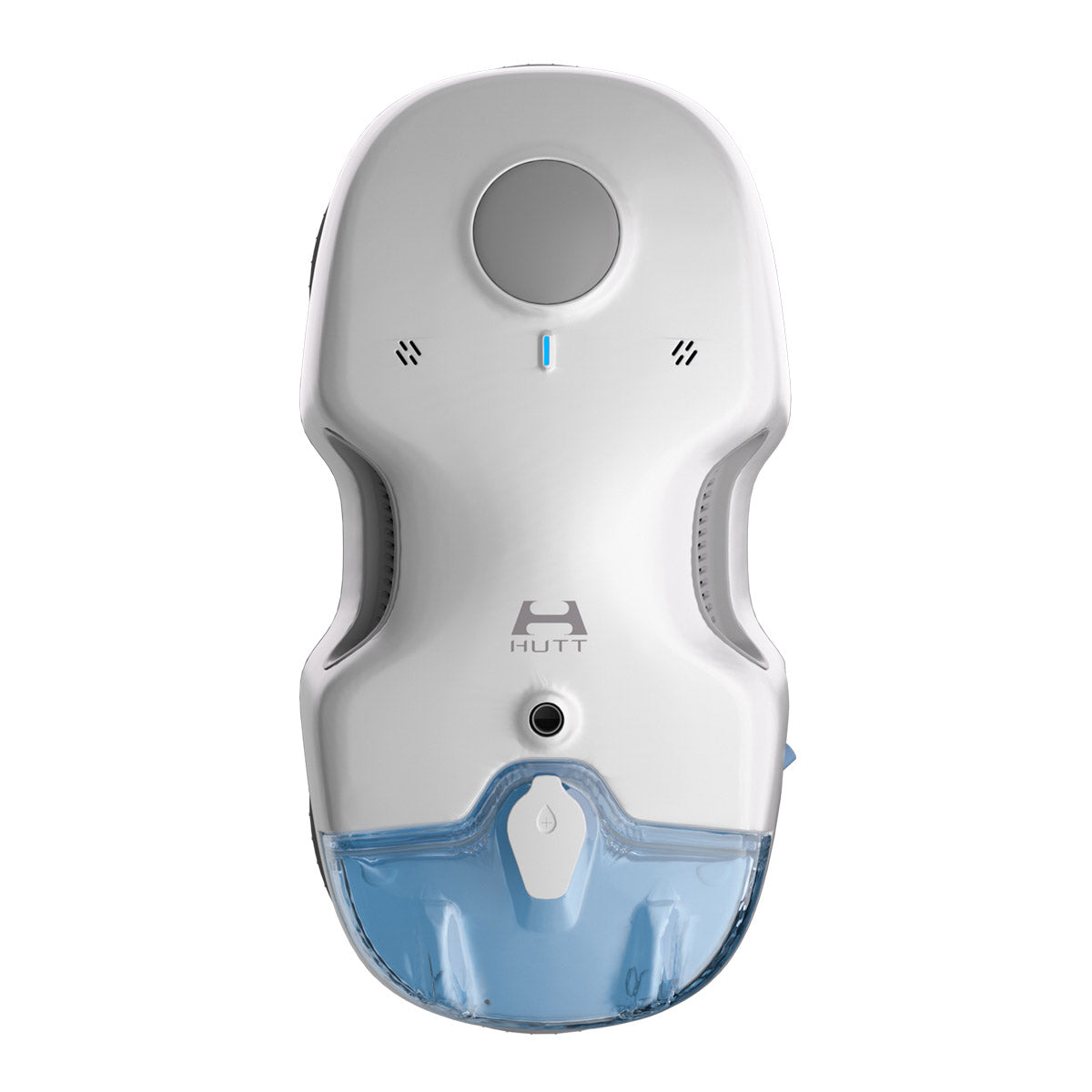Der HUTT C7 Fensterputzroboter ist ein weißer automatischer Fensterputzroboter mit Rundsensor, blauem Bodenwassertank und intelligenter Frequenzsteuerung für effiziente Reinigung.