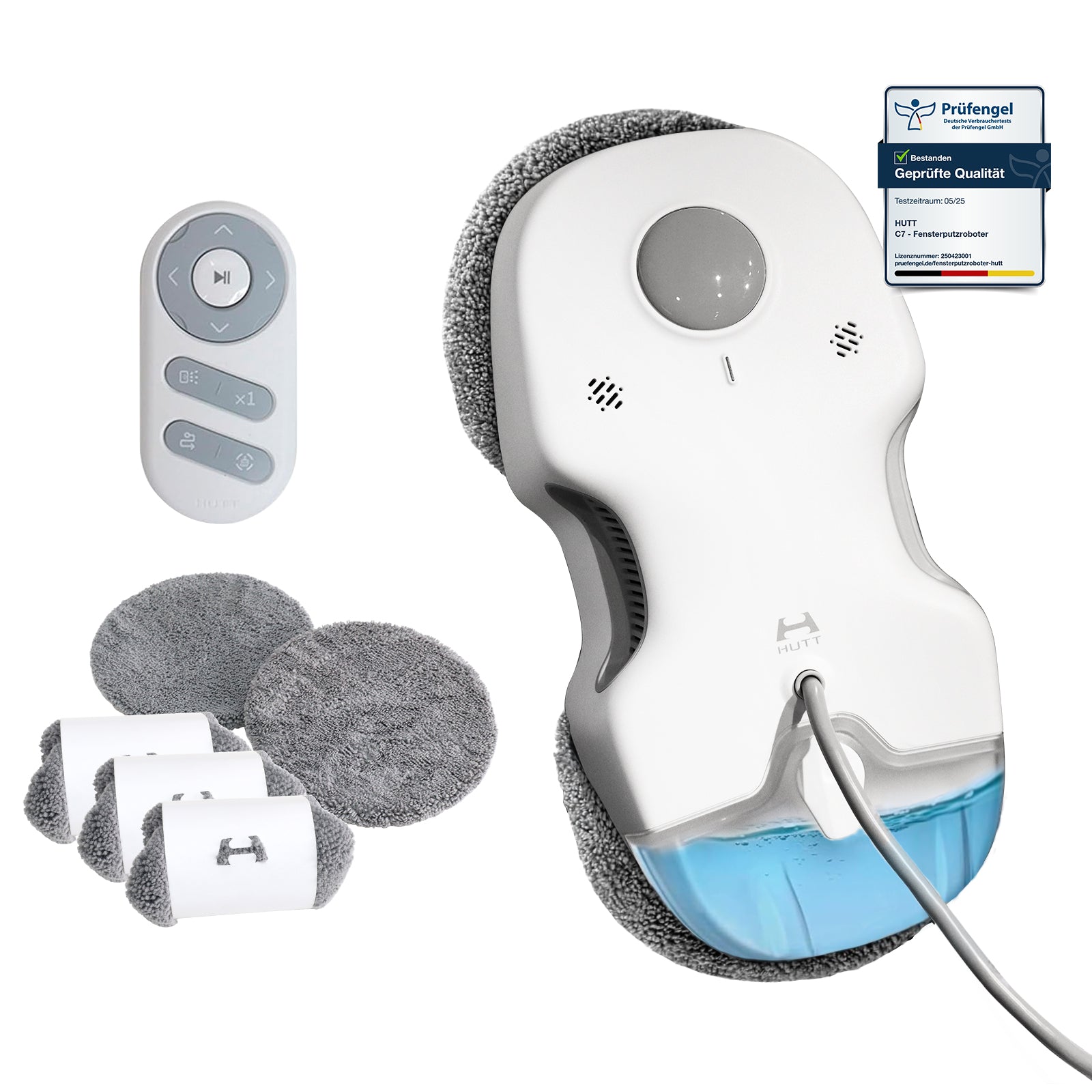 Der HUTT C7 Fensterputzroboter ist ein weißer Reinigungsroboter mit blauem Wassertank, Fernbedienung, drei runden Reinigungspads, Prüfzertifikat und intelligenter Frequenzsteuerung für optimale Leistung.