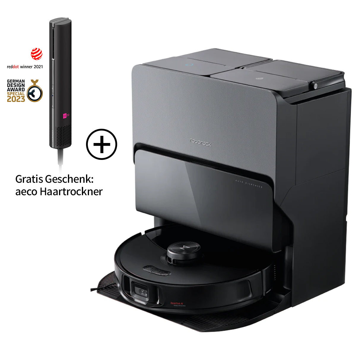 Roborock S8 MaxV Ultra Black Staubsaugerroboter mit Dockingstation und kostenlosem Aeco Haartrockner. Die Preislogos erscheinen in der oberen linken Ecke.