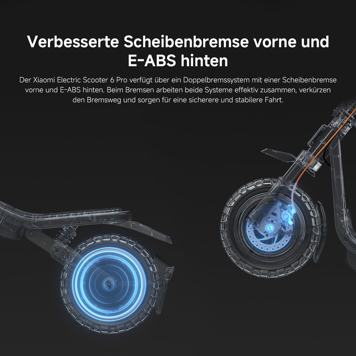 Diagramm des Xiaomi Electric Scooter 6 Pro DE, das die verbesserte vordere Scheibenbremse und das hintere E-ABS-System zeigt, mit deutschem Text, der diese Funktionen detailliert beschreibt.