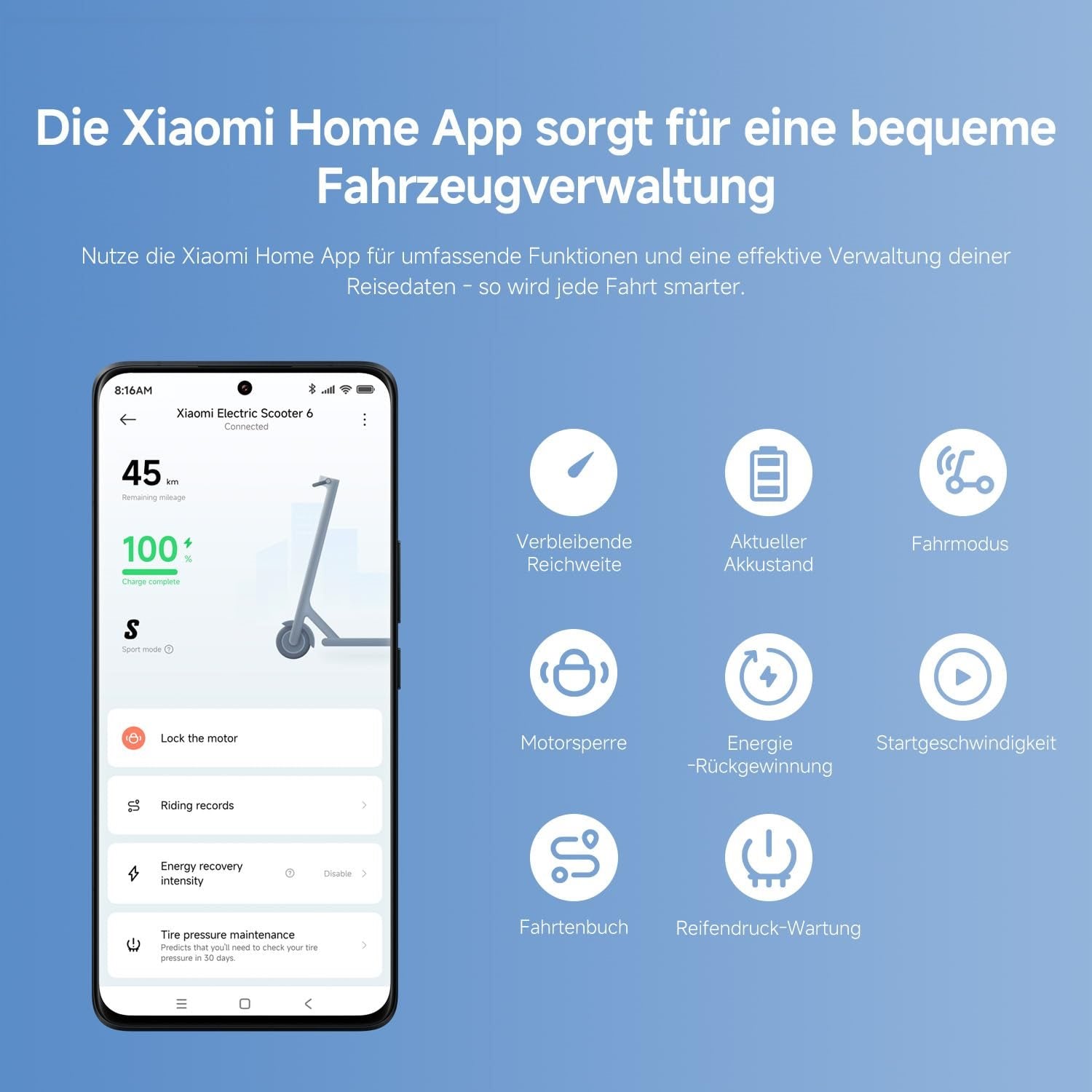 Screenshot der Benutzeroberfläche der Xiaomi Home App für den Elektroroller 6 DE, die Statistiken und Symbole für Reichweite, Akkustand, Fahrmodus und Fahrtenverfolgung anzeigt.
