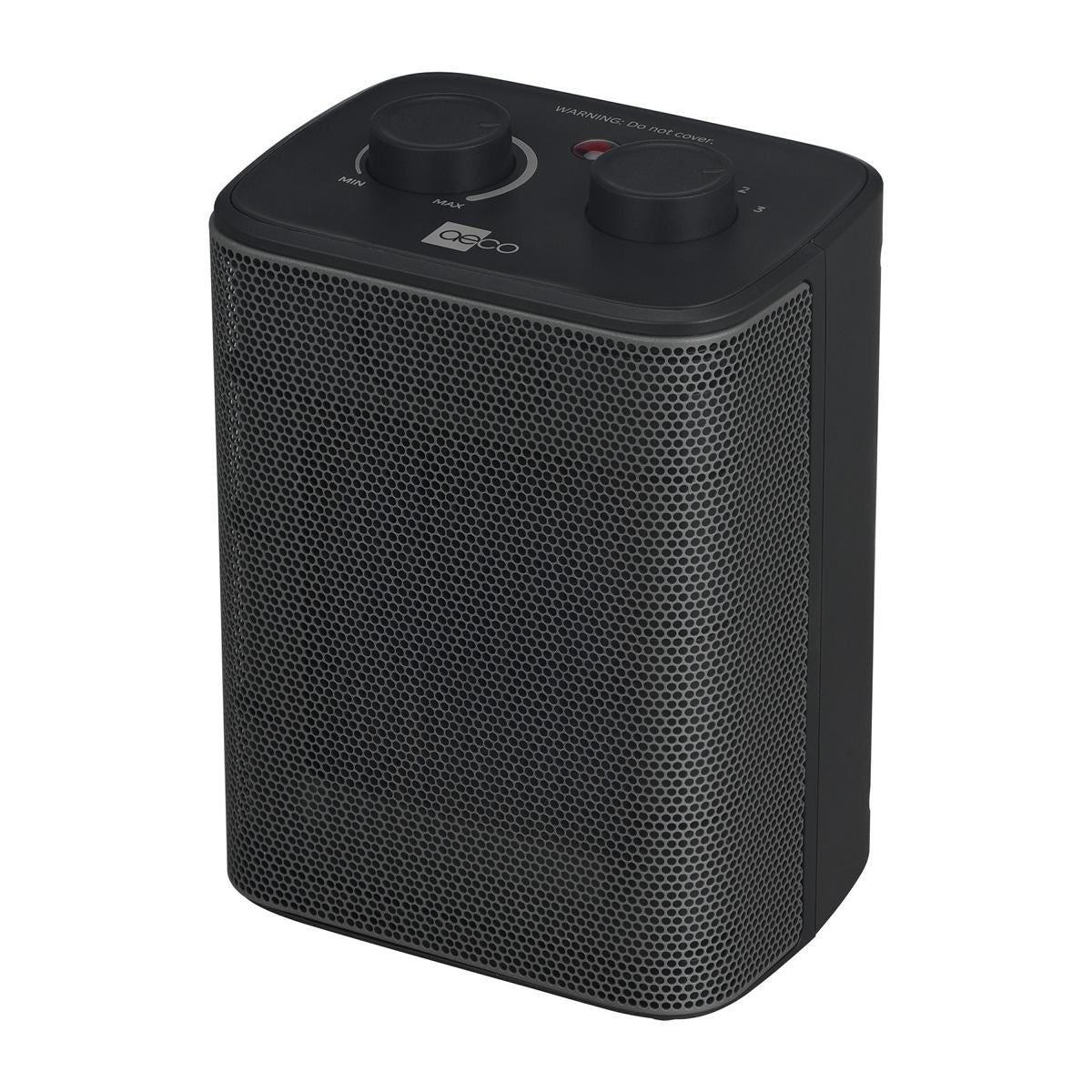 Der aeco EcoHeat One ist ein schwarzer, tragbarer elektrischer Heizstrahler mit einer Netzfront, zwei Bedienknöpfen und einer Kontrollleuchte auf der Oberseite.