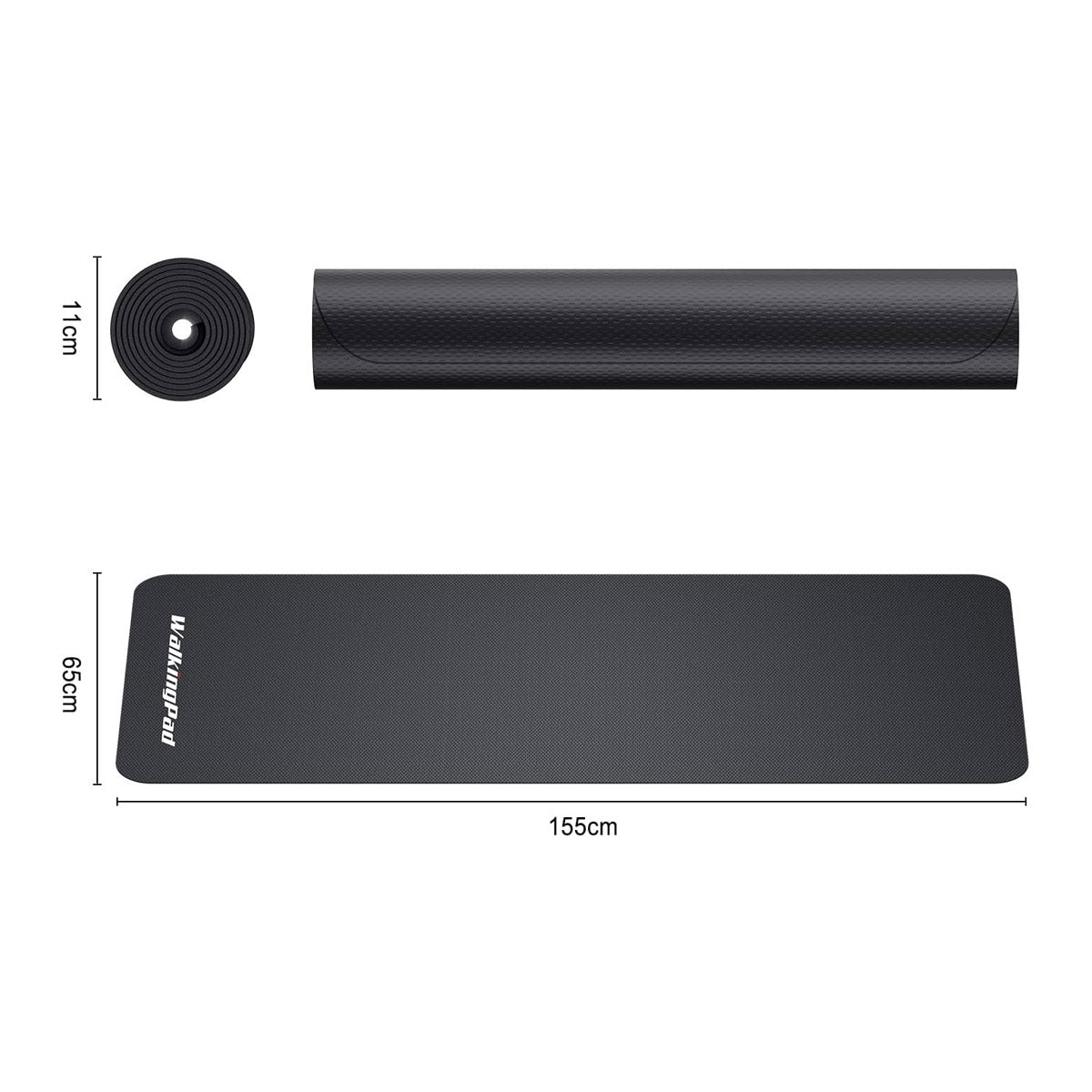 Die rutschfeste Kingsmith WalkingPad Laufband-Bodenmatte wird sowohl aufgerollt als auch ausgerollt abgebildet. Sie ist 155 cm lang, 65 cm breit und hat im aufgerollten Zustand einen Durchmesser von 11 cm. Das Kingsmith-Logo ist auf der Matte zu sehen.