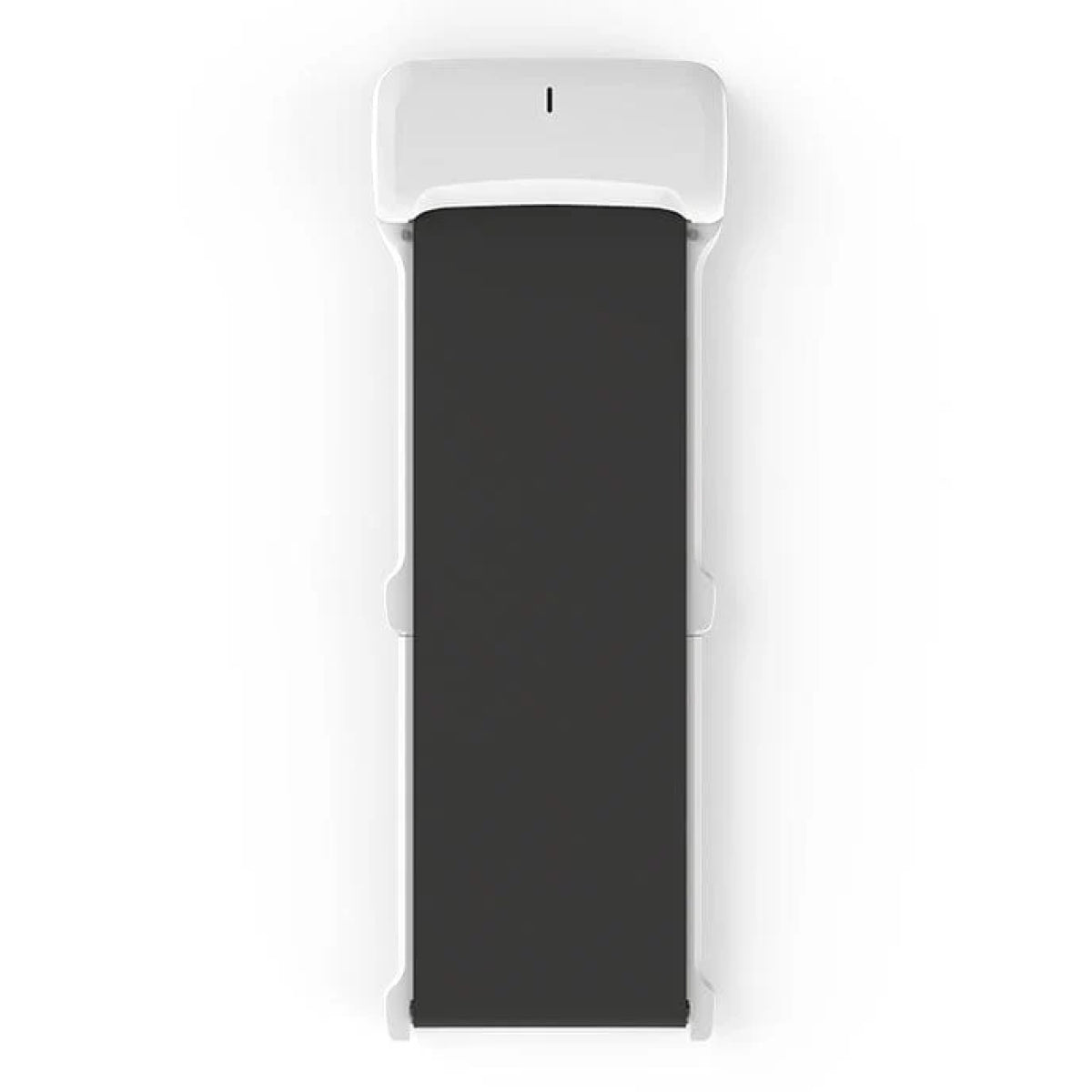 Draufsicht auf das Kingsmith WalkingPad C1 – klappbares Laufband mit 6 km/h und einer Tragkraft von 100 kg, mit schwarzem Laufband und weißem Rahmen, kompakt und zusammenklappbar – perfekt für das Homeoffice – vor einem schlichten weißen Hintergrund.