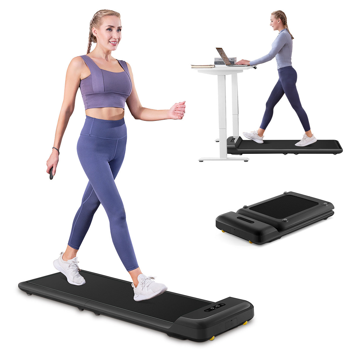 Eine Frau läuft auf dem Kingsmith WalkingPad C2 Mini Klappbares Laufband für Schreibtisch, eine andere benutzt es an einem Stehpult, und das Laufband erscheint zusammengeklappt und aufgeklappt vor einem weißen Hintergrund.