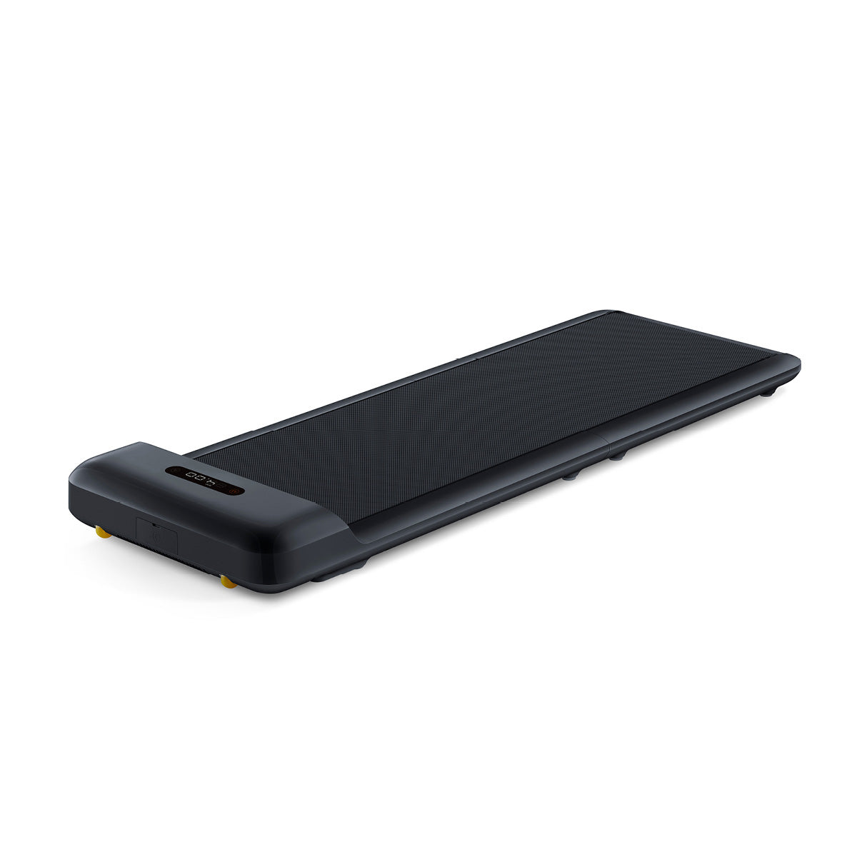Ein kompaktes, schwarzes Laufband für unter dem Schreibtisch wie das Kingsmith WalkingPad C2 – Klappbares Laufband 6 km/h 100 kg – verfügt an einem Ende über ein digitales Display und ist vor einem schlichten weißen Hintergrund abgebildet, wodurch sich dieses kompakte Laufband ideal für moderne Räume eignet.