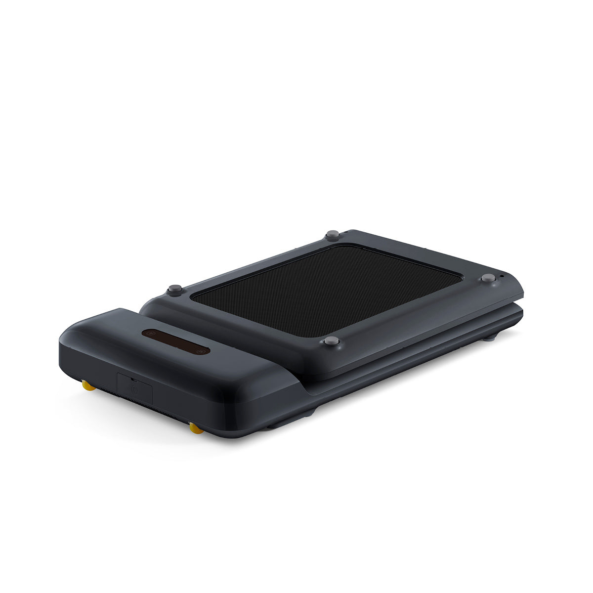 Das Kingsmith WalkingPad C2 Mini Klappbares Laufband für Schreibtisch ist ein kompaktes, schwarzes Laufband mit strukturierter Oberfläche und abgerundeten Kanten, ideal für den Heimgebrauch, abgebildet auf einem schlichten weißen Hintergrund.