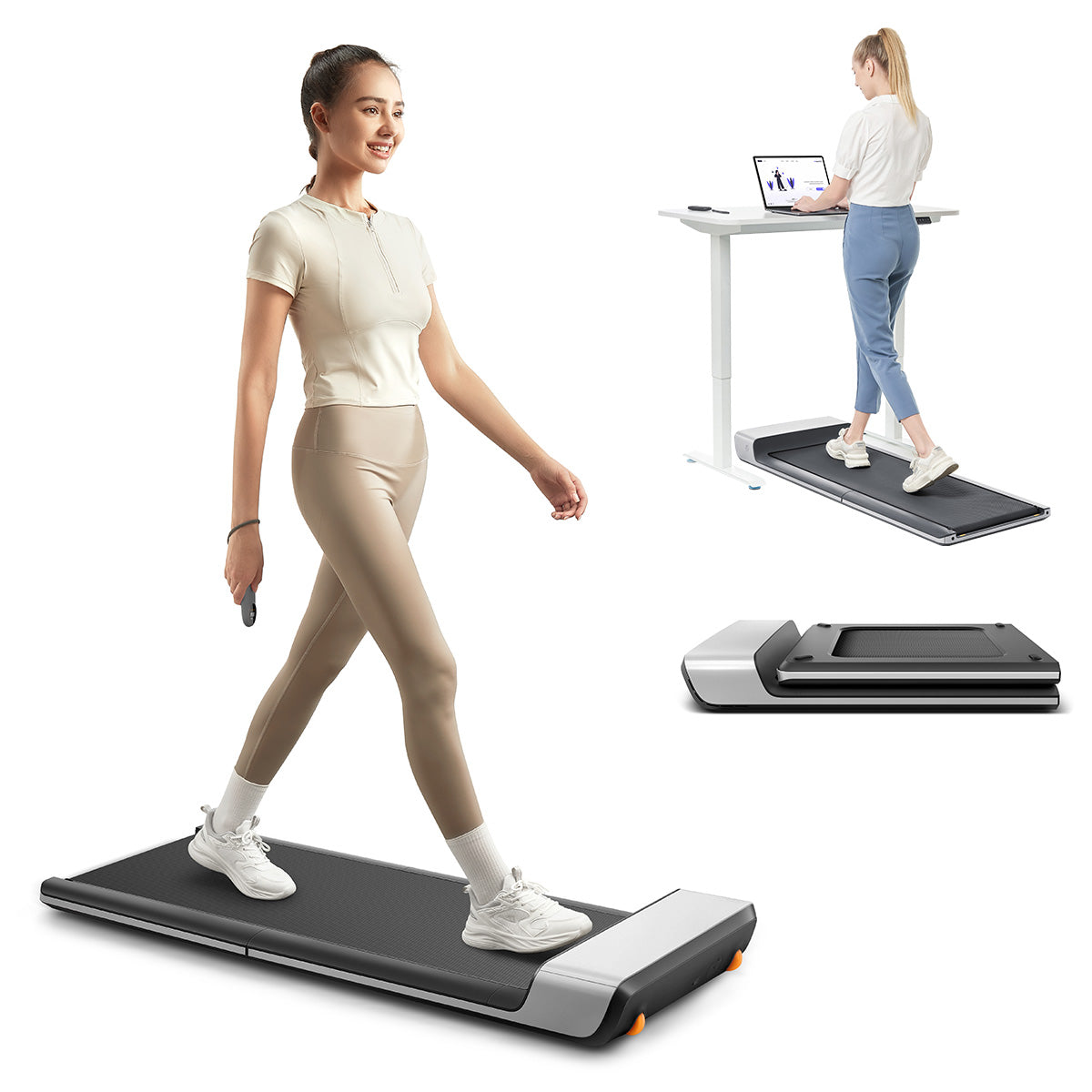 Zwei Frauen nutzen das Kingsmith WalkingPad P1 – Klappbares Laufband (6 km/h, 100 kg): Die eine geht und hält dabei eine Fernbedienung in der Hand, während die andere dieses klappbare Laufband unter einem Stehschreibtisch nutzt. Außerdem ist ein zusammengeklapptes Laufband zu sehen.