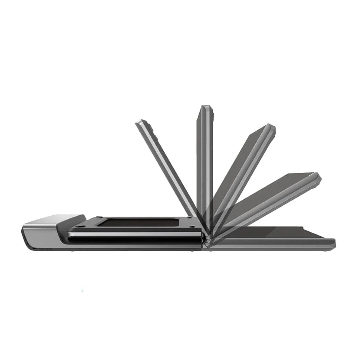 Seitenansicht eines teilweise aufgeklappten, faltbaren Smartphones, die verschiedene Bildschirmpositionen beim Aufklappen zeigt – ein platzsparendes Design, das an innovative Produkte wie das Kingsmith WalkingPad P1 – Klappbares Laufband 6 km/h 100 kg erinnert.