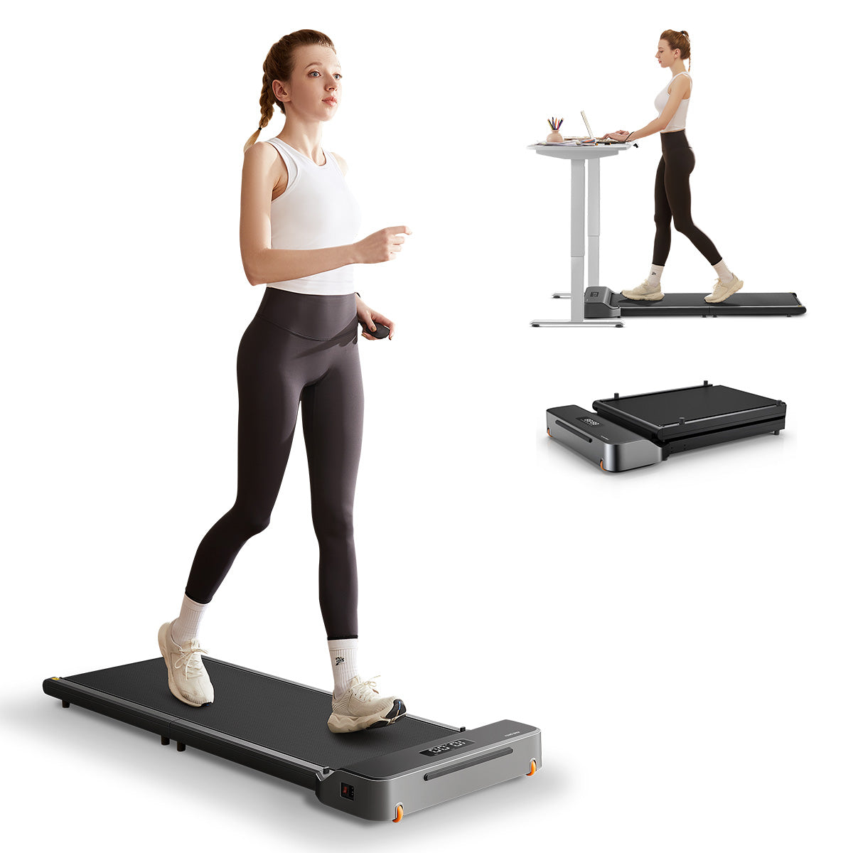 Eine Frau nutzt das Kingsmith WalkingPad Z1 Klappbares Laufband für Schreibtisch - hier solo, im Einsatz und mit einem Stehpult - für ein gelenkschonendes Workout während der Arbeit.