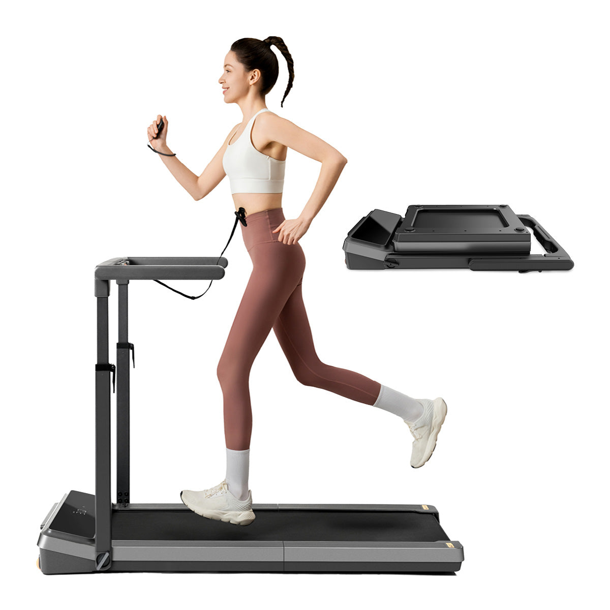 Eine Frau in Aktivkleidung läuft auf dem Kingsmith WalkingPad Z3 Hybrid+ Klappbares Laufband für Schreibtisch. Eine Beilage zeigt das Laufband flach gefaltet und hebt sein platzsparendes Design für eine einfache Lagerung hervor.