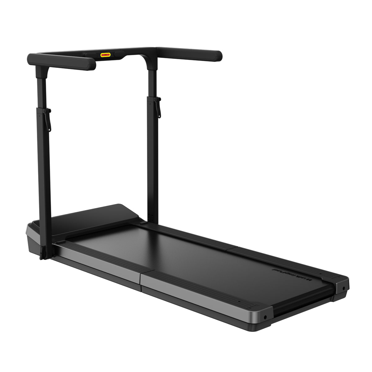 Ein schwarzes Kingsmith WalkingPad Z3 Hybrid+ Klappbares Laufband für Schreibtisch mit Handläufen und einem minimalen Bedienfeld wird aufrecht auf weißem Hintergrund gezeigt - ideal für platzsparende Lagerung.