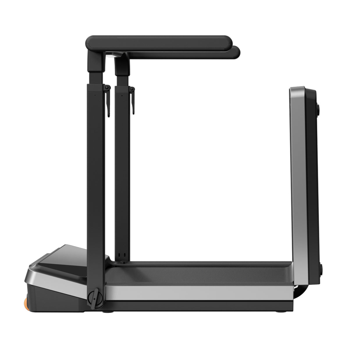 Seitenansicht des Kingsmith WalkingPad Z3 Hybrid+ Klappbares Laufband für Schreibtisch in zusammengeklappter Position, mit kompaktem Rahmen, Lauffläche und Handläufen - ideal für platzsparende Aufbewahrung im modernen Zuhause.