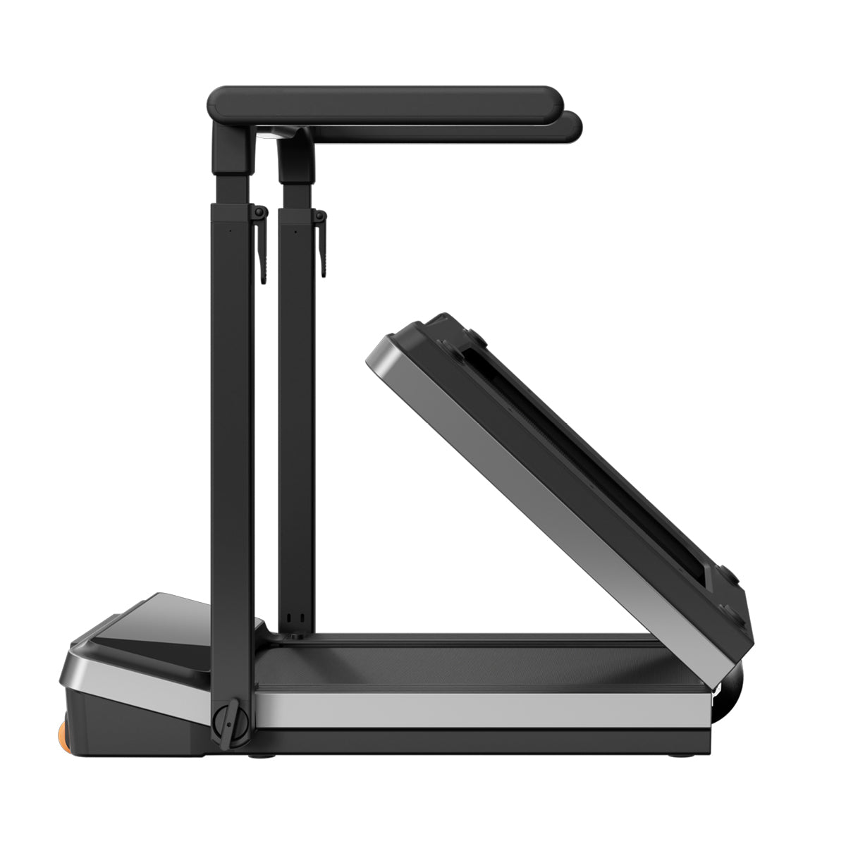 Das Kingsmith WalkingPad Z3 Hybrid+ Klappbares Laufband für Schreibtisch wird teilweise zusammengeklappt vor weißem Hintergrund gezeigt und demonstriert so seinen platzsparenden Faltmechanismus.