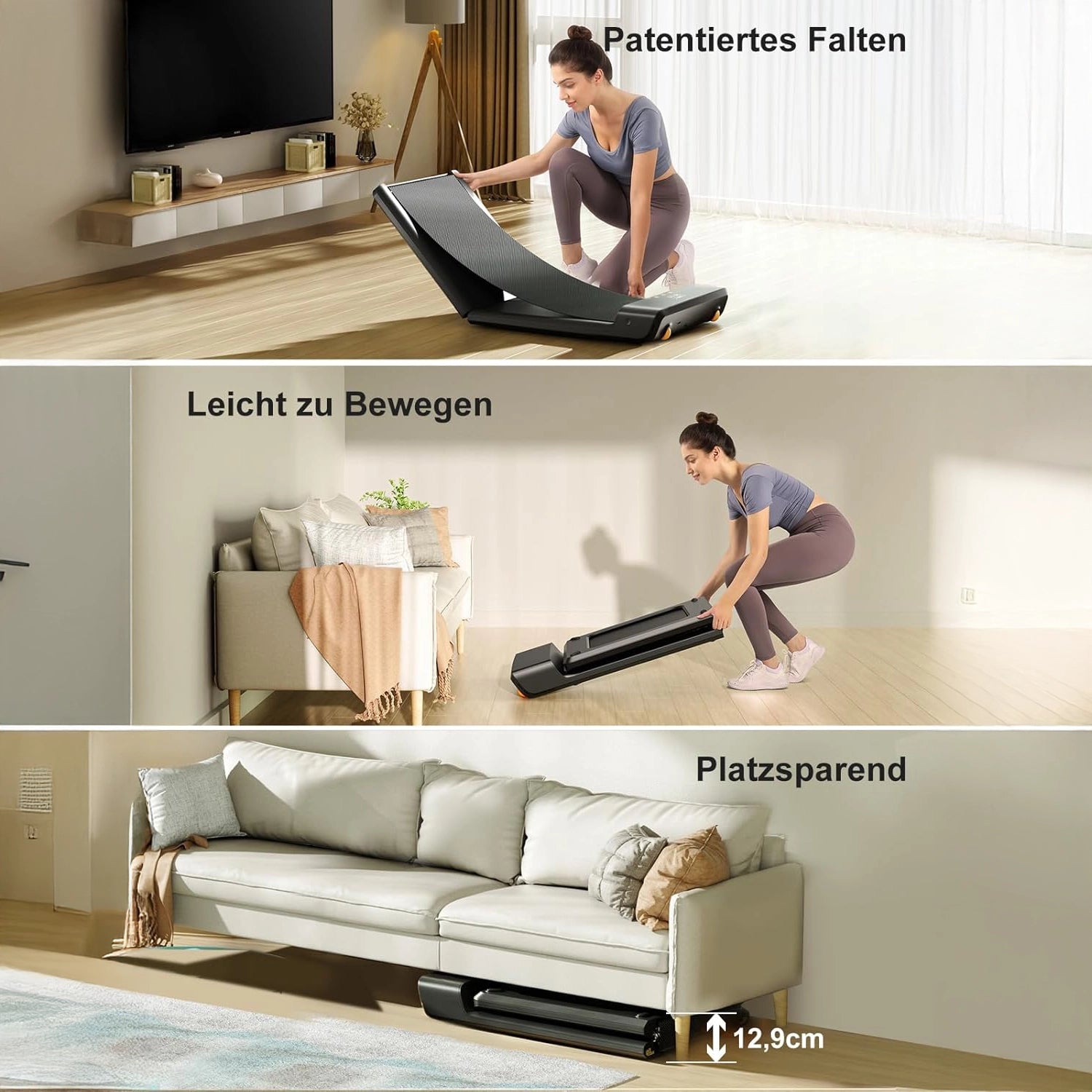 Eine Frau zeigt, wie man den Kingsmith WalkingPad A1 Pro Klappbares Laufband Schreibtisch bis 136 kg zusammenfaltet, bewegt und unter einem Sofa in einem modernen Wohnzimmer verstaut. Der deutsche Text hebt das patentierte faltbare, mobile und platzsparende Design hervor.