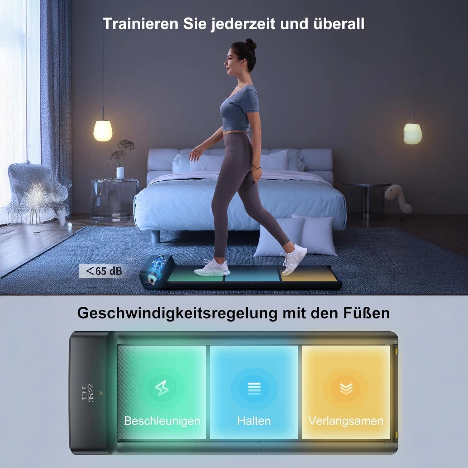 Eine Frau benutzt den Kingsmith WalkingPad A1 Pro Klappbares Laufband Schreibtisch bis 136 kg im Wohnzimmer. Das Display zeigt fußbediente Geschwindigkeitskontrollen: beschleunigen, halten, verlangsamen. Text auf Deutsch.