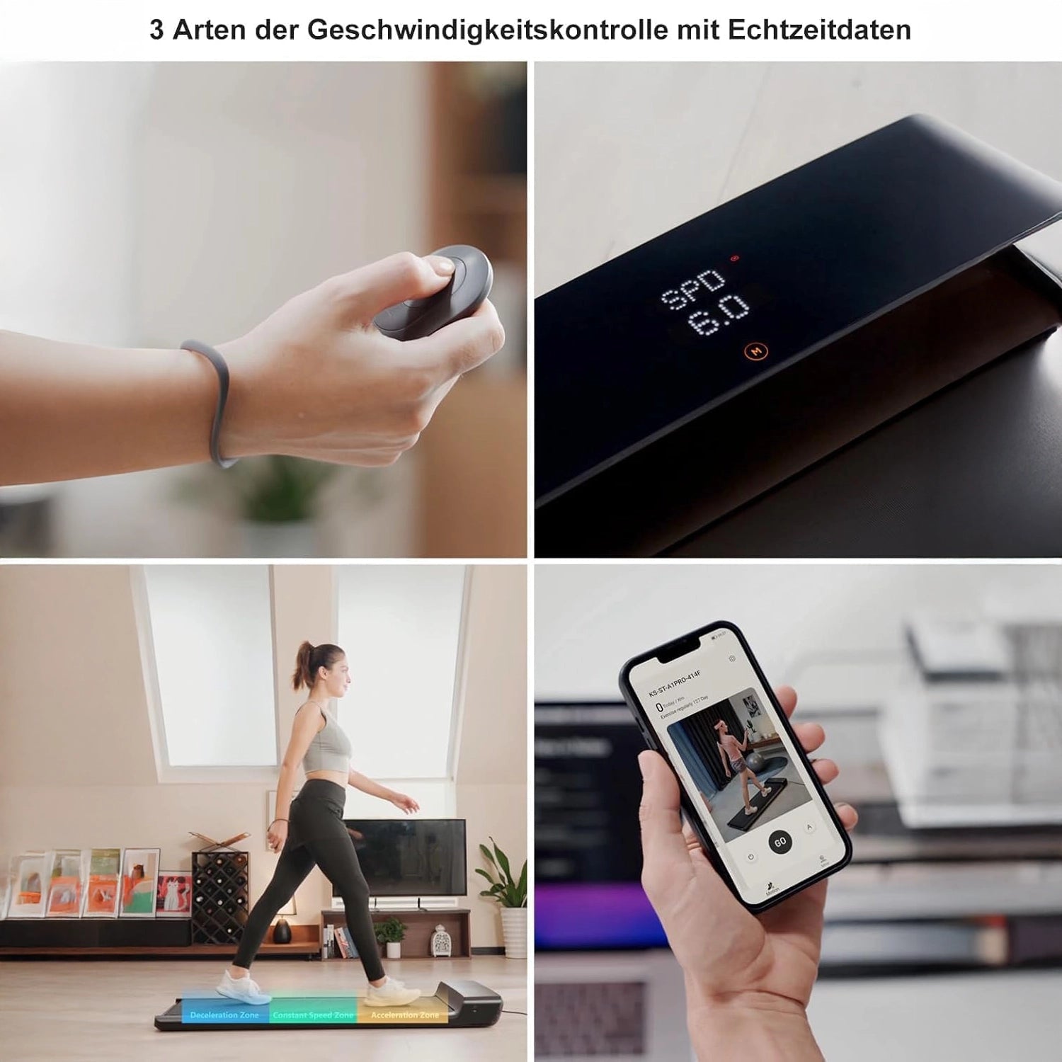 Collage des Kingsmith WalkingPad A1 Pro Klappbares Laufband Schreibtisch bis 136 kg mit Geschwindigkeitssteuerung über Fernbedienung, Digitalanzeige und Smartphone-App; eine Frau läuft auf diesem Untertisch-Laufband.