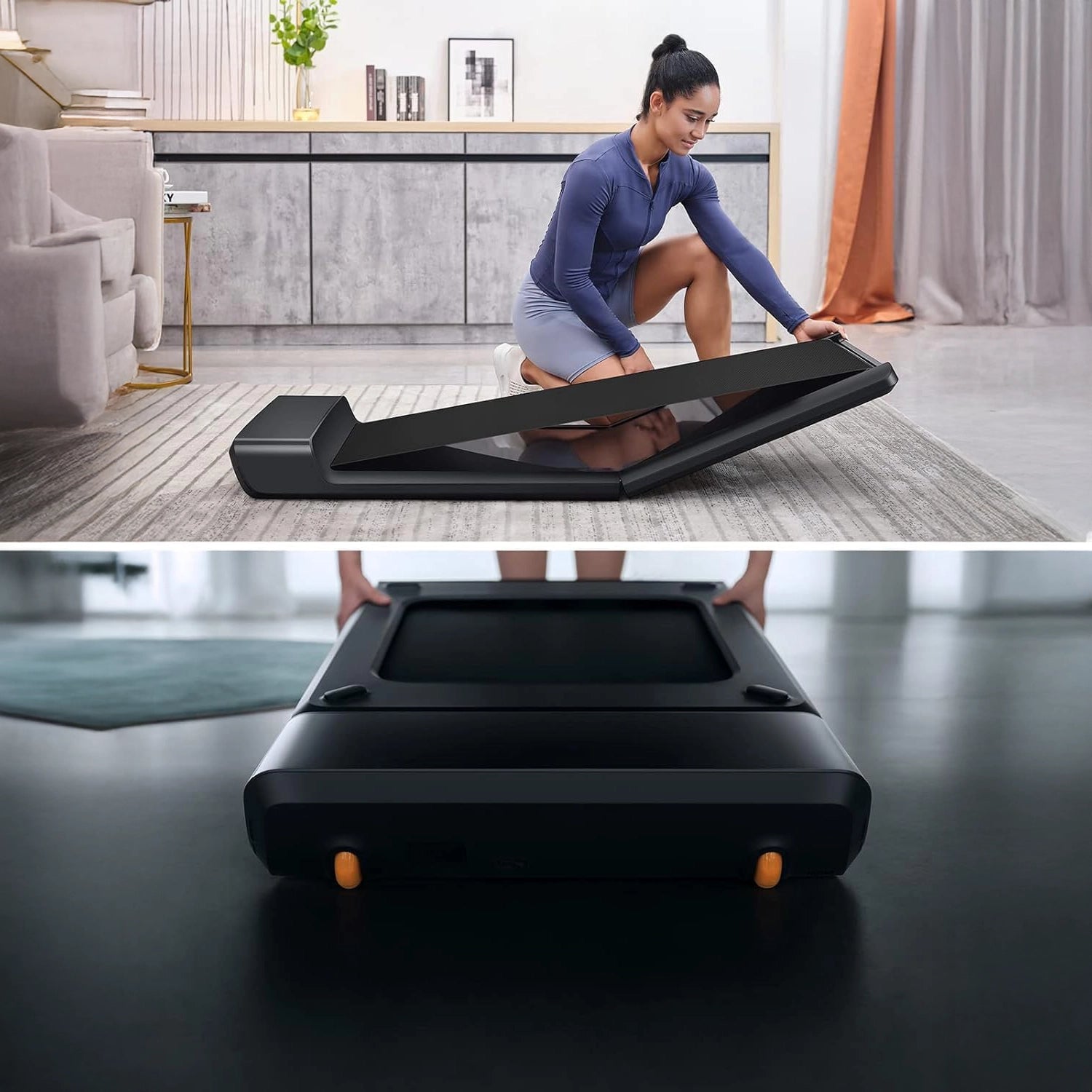 Eine Frau stellt das Kingsmith WalkingPad A1 Pro Klappbares Laufband Schreibtisch bis 136 kg in einem modernen Wohnzimmer auf; eine Nahaufnahme aus einem niedrigen Winkel von hinten zeigt das kompakte Laufband.