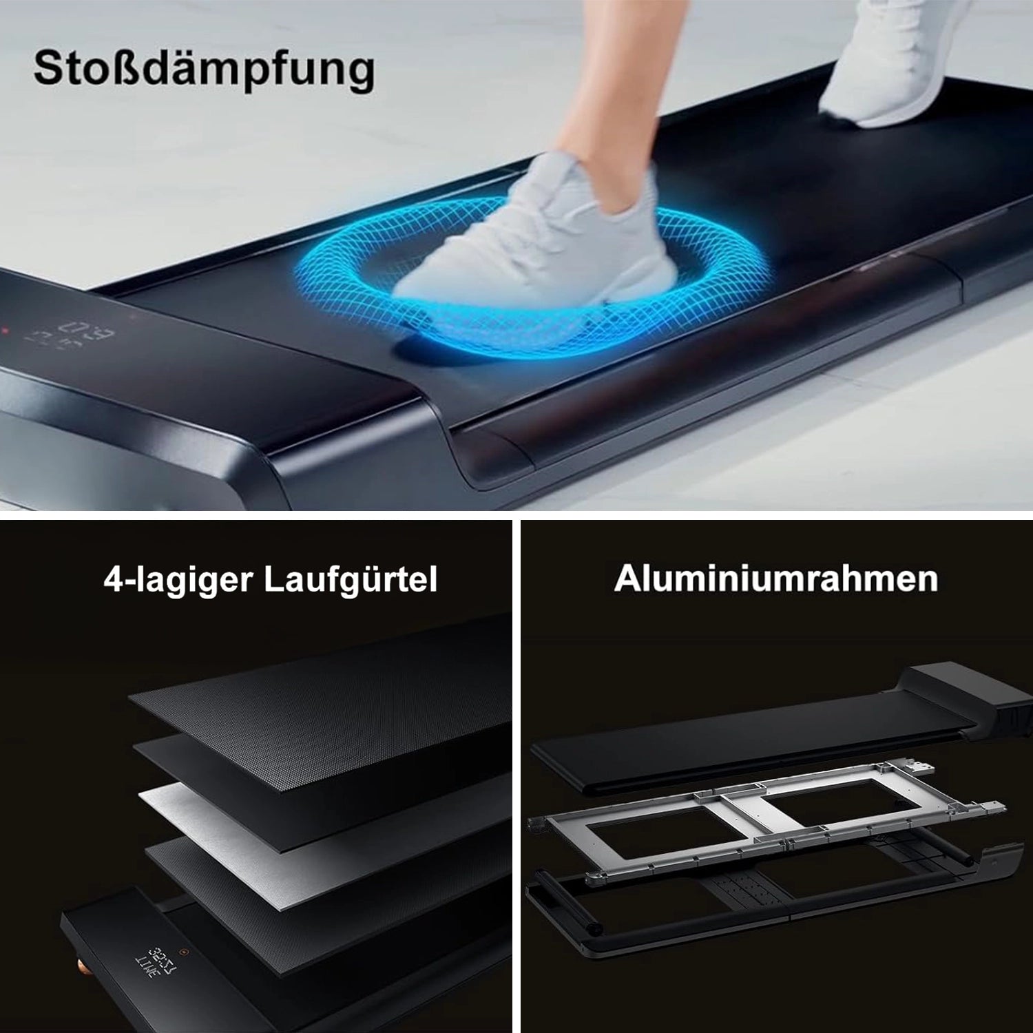 Das Kingsmith WalkingPad A1 Pro Klappbares Laufband Schreibtisch bis 136 kg mit Stoßdämpfung, einem vierlagigen Laufband und einem stabilen Aluminiumrahmen wird in drei beschrifteten Grafiken dargestellt.