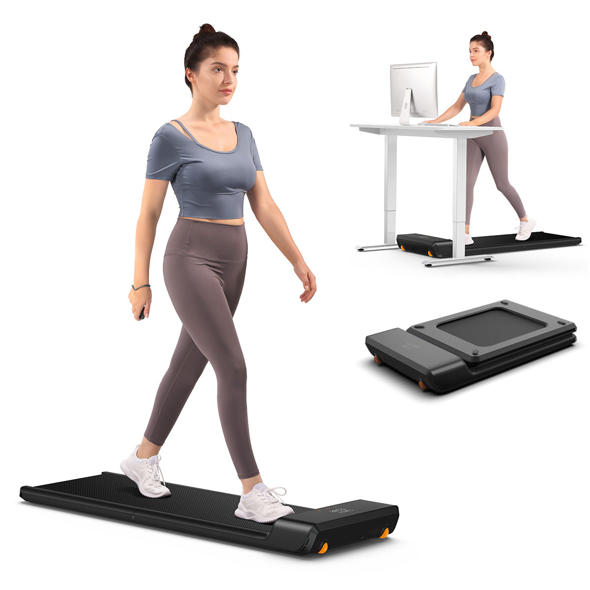 Eine Frau benutzt den Kingsmith WalkingPad A1 Pro Klappbares Laufband Schreibtisch bis 136 kg, sowohl allein als auch an einem Stehpult. Nahaufnahmen zeigen das kompakte, praktische Design - perfekt für jeden Arbeitsbereich.