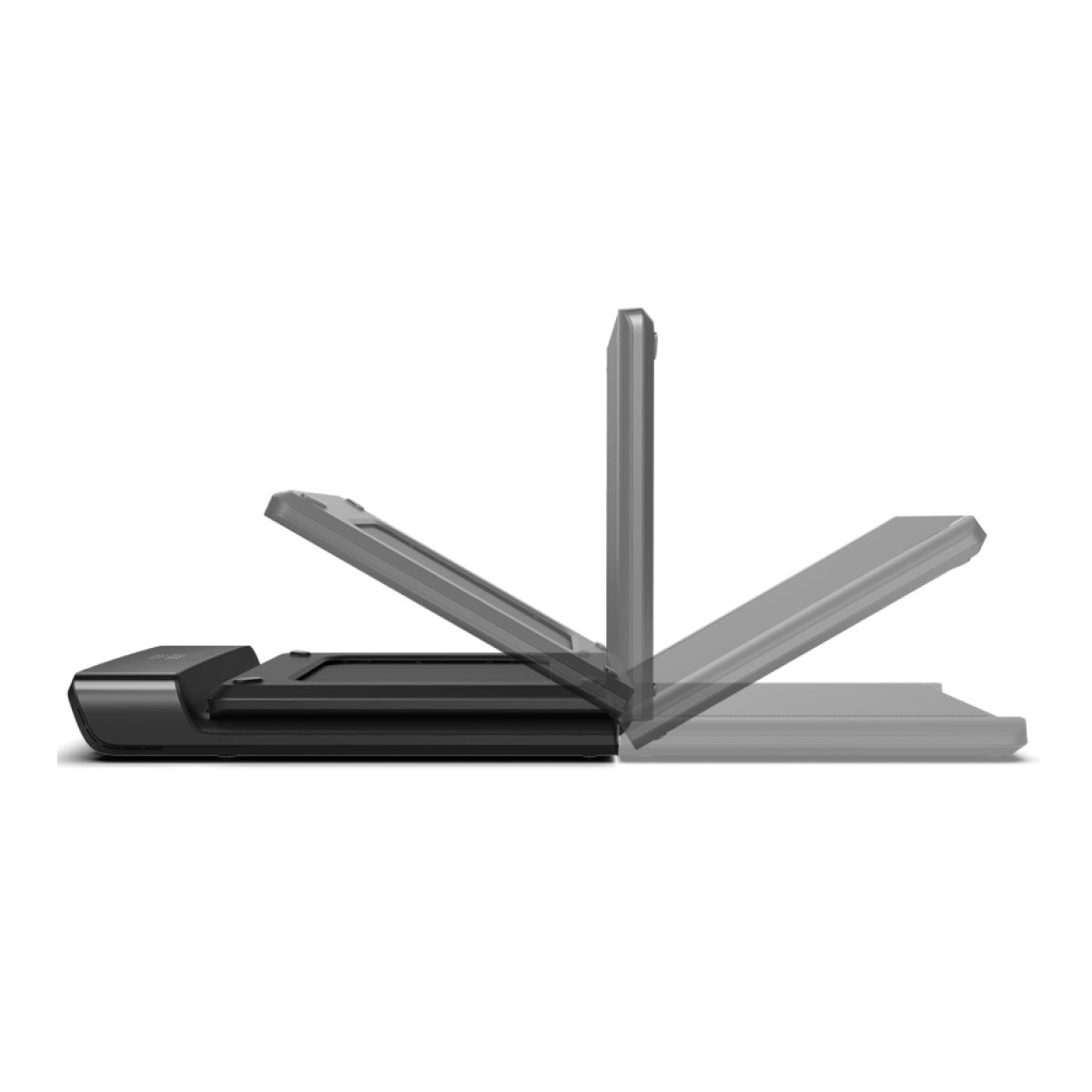 Der Deckel des Flachbettscanners wird in mehreren geöffneten Positionen gezeigt, ähnlich dem flexiblen Design des WalkingPad A1 Pro Klappbares Laufband Schreibtisch bis 136 kg von Kingsmith, um seine Bewegungsfreiheit zu demonstrieren.