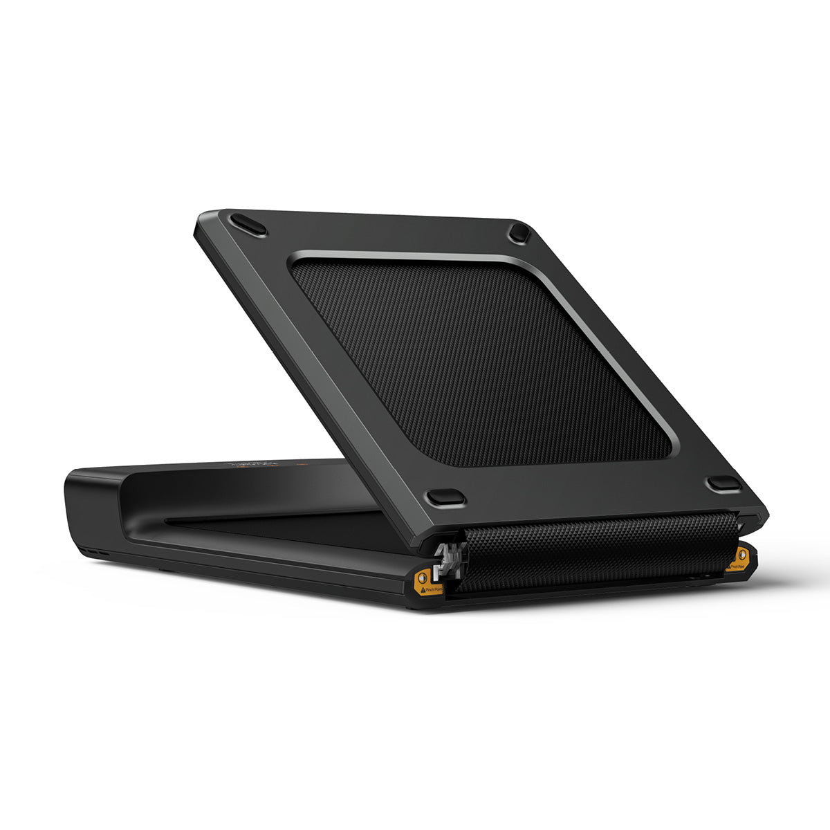 Abgebildet ist ein teilweise ausgeklappter Kingsmith WalkingPad A1 Pro Klappbares Laufband Schreibtisch, schwarz mit strukturierter Lauffläche, auf weißem Hintergrund. Geeignet für Benutzer bis zu 136 kg.