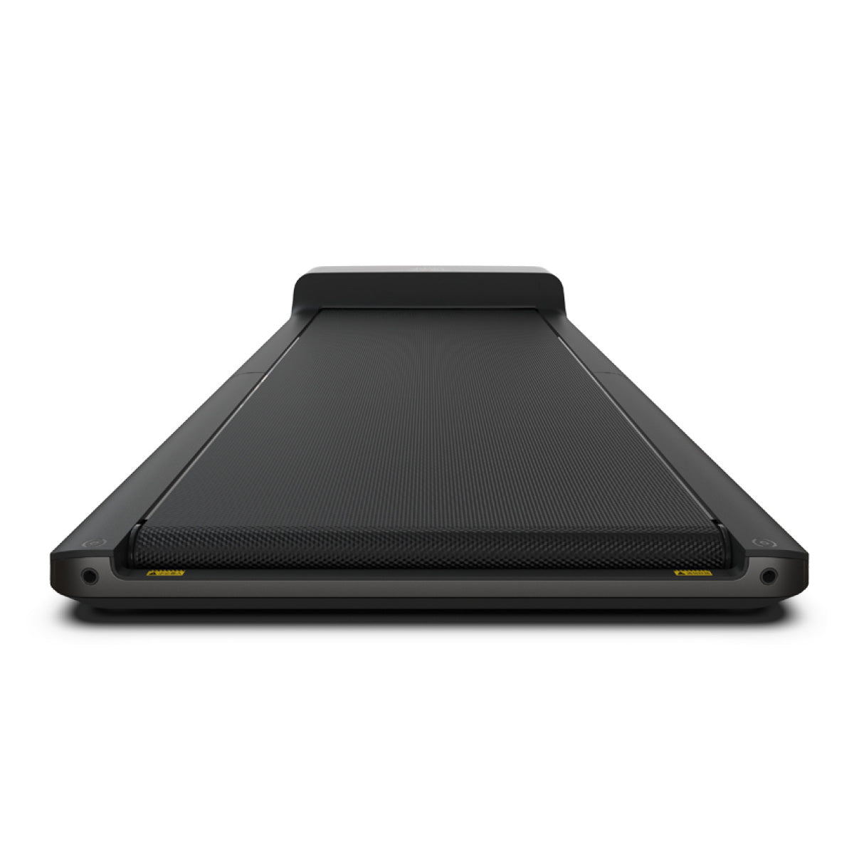 Schwarzes, kompaktes Laufband in Frontansicht, mit einer flachen Lauffläche, einer erhöhten Rückwand und minimalistischem Design vor weißem Hintergrund. Das elegante Kingsmith WalkingPad A1 Pro – Klappbares Laufband 6 km/h 136 kg vereint praktische Funktionalität mit stilvollem Design in Form eines leicht verstaubaren, klappbaren Laufbands.