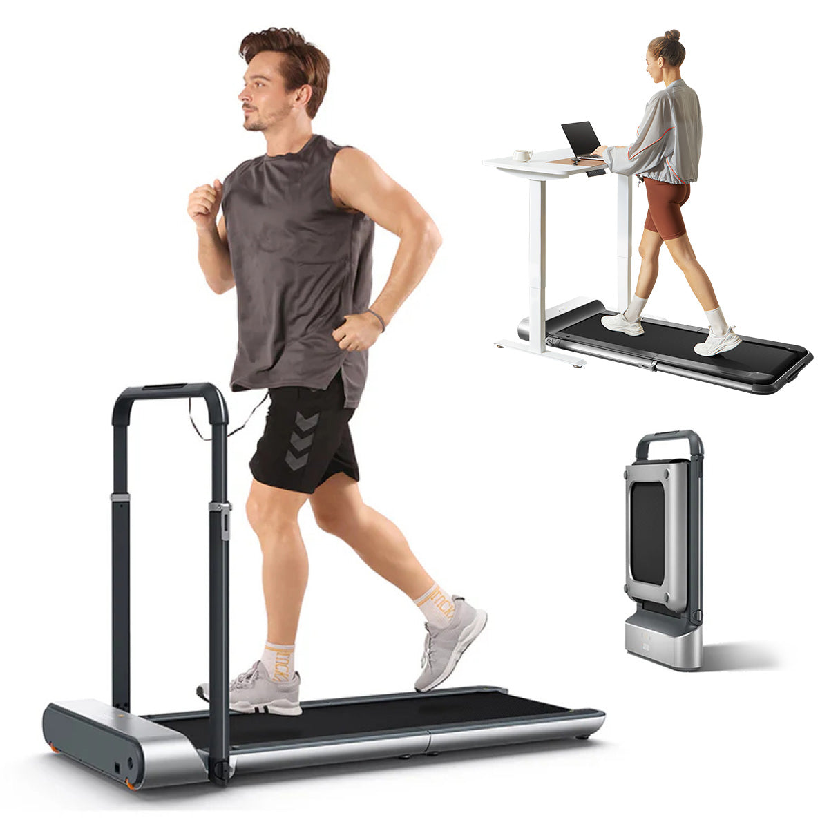 Ein Mann joggt auf dem Kingsmith WalkingPad R1/R1H 2 in 1 Klappbares Laufband bis 10 km/h; eine Frau benutzt dieses faltbare Laufband mit einem Stehpult; es lässt sich platzsparend zusammenklappen und leicht verstauen.