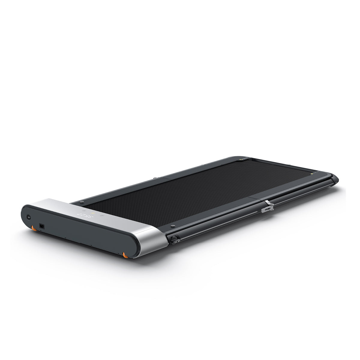 Das Kingsmith WalkingPad R1/R1H 2 in 1 Klappbares Laufband bis 10 km/h zeigt sich kompakt und zusammengeklappt in Schwarz und Silber auf weißem Hintergrund - die perfekte Wahl für platzsparendes Training.