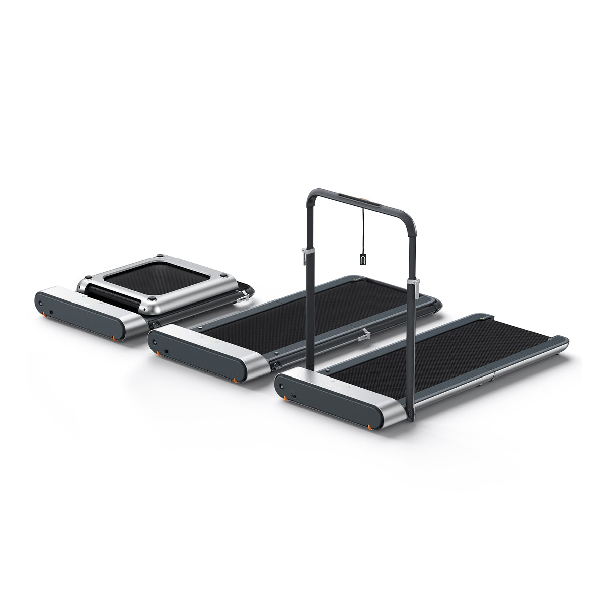 Drei Kingsmith WalkingPad R1/R1H 2 in 1 Klappbares Laufband bis 10 km/h sind nebeneinander abgebildet: ein vollständig zusammengeklapptes, ein teilweise ausgeklapptes und ein vollständig aufgestelltes mit einem Handlauf als platzsparendes Laufband.